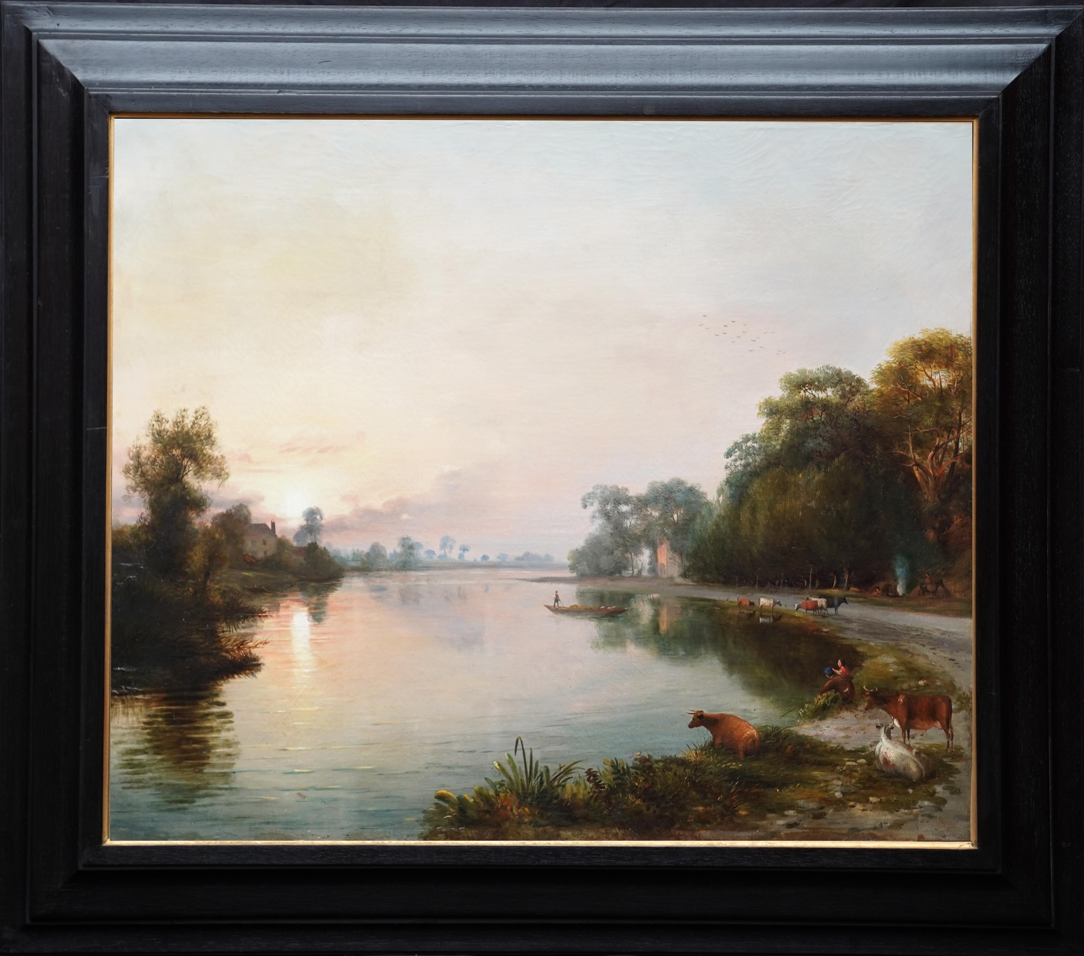 James Bridges Animal Painting - River Isis near Oxford at Twilight - British 19th century landscape oil painting