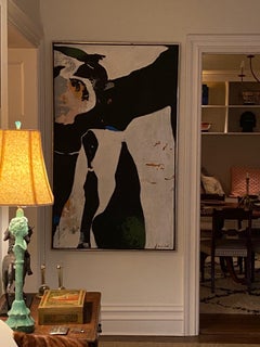 Capacon Large Vertical  Abstract Painting with Black, Blue and White