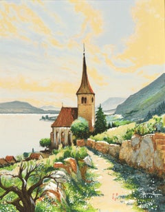 Mid Century Serigraph - Church on a Lake, Ligerz Switzerland