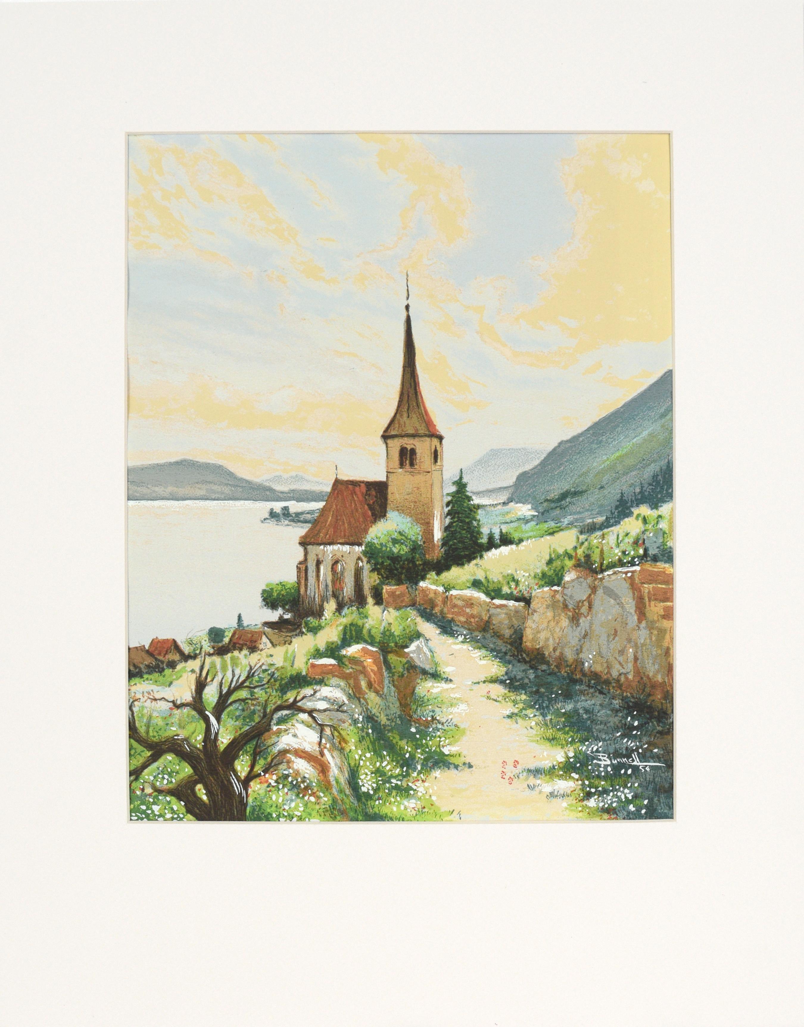 Mid Century Serigraph - Church on a Lake, Ligerz Switzerland