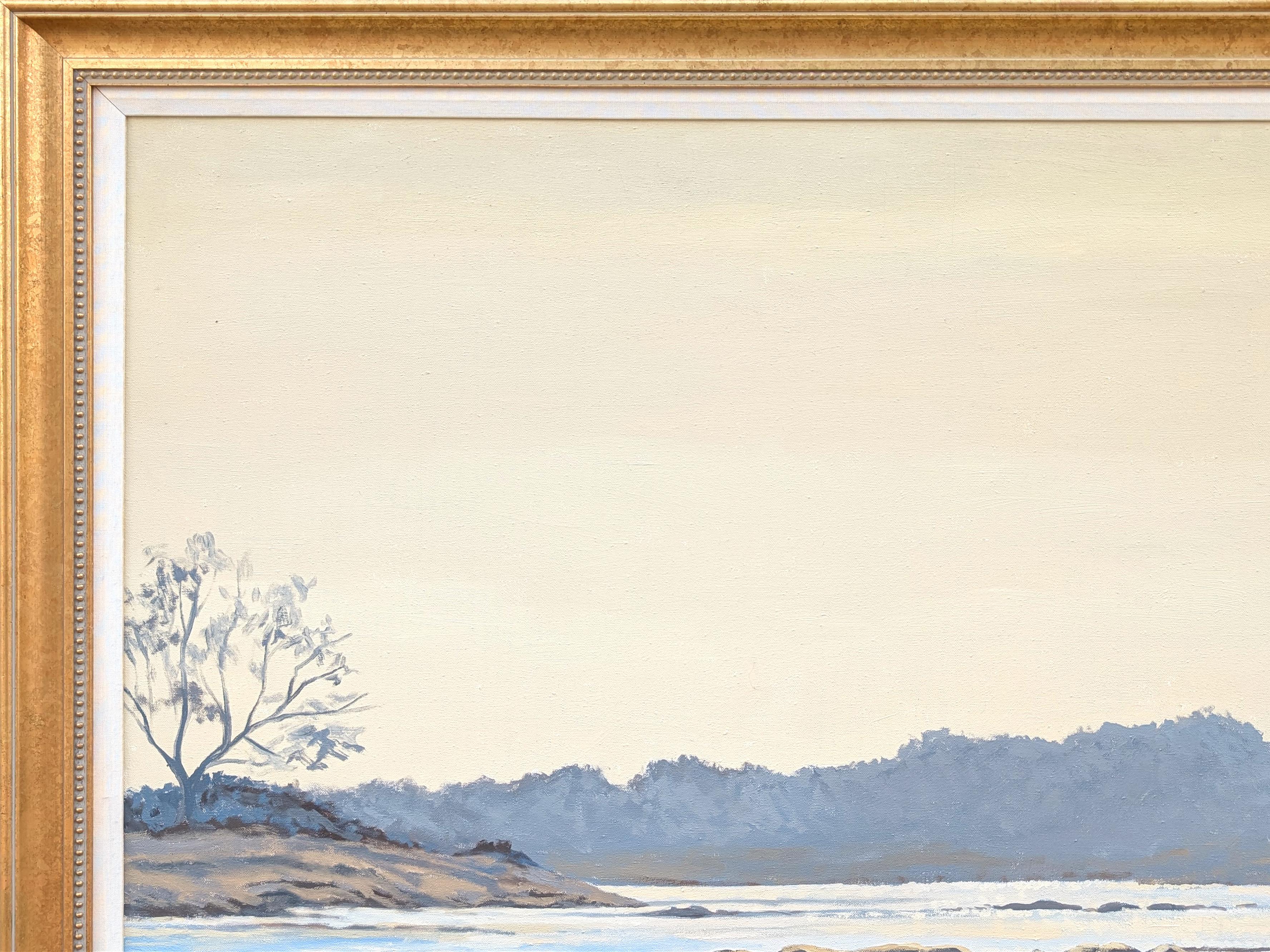 Impressionist Style Pastell Blau Texas Hill Country Landschaft Gemälde von einem Fluss (Naturalismus), Painting, von James Busby
