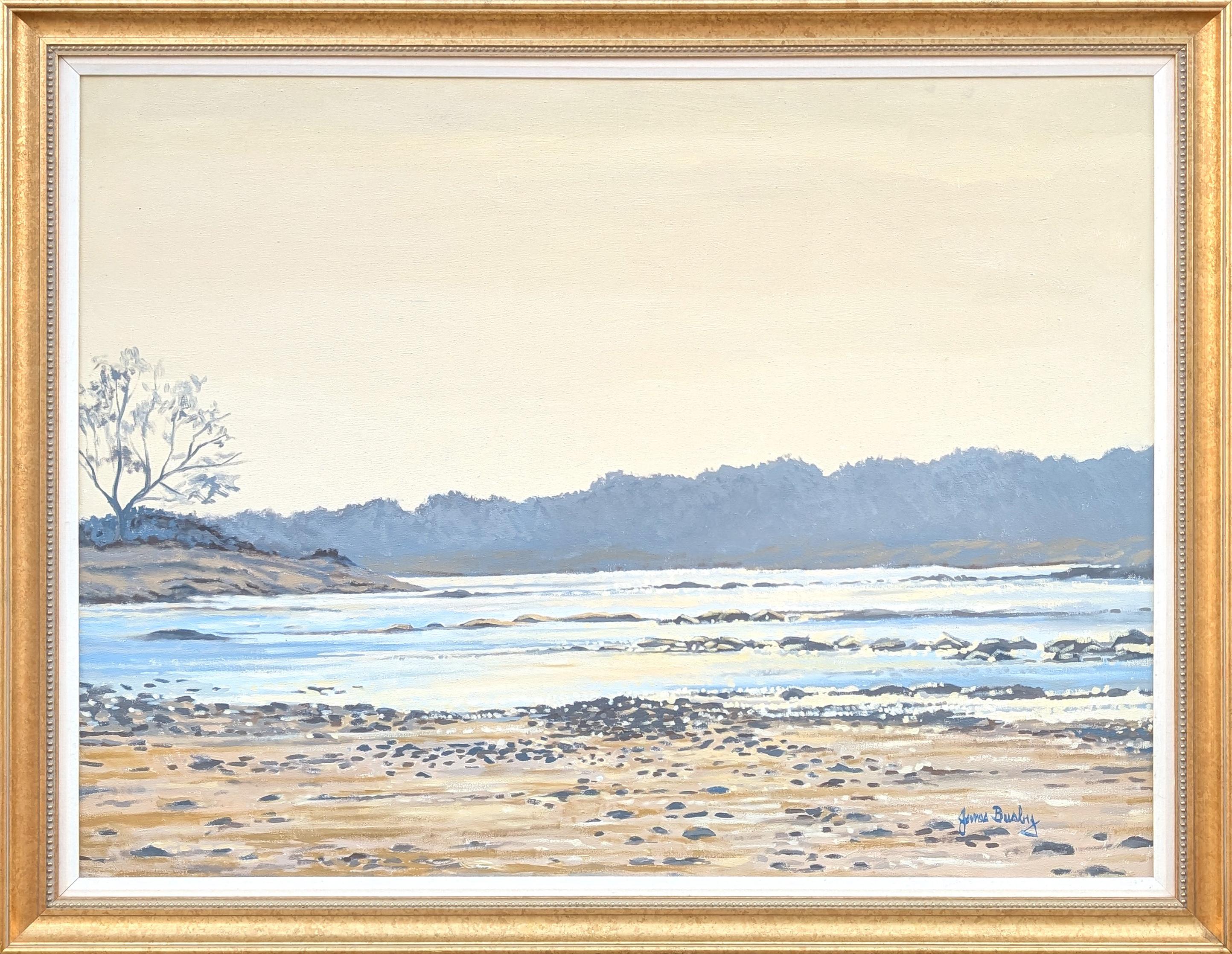 James Busby Abstract Painting – Impressionist Style Pastell Blau Texas Hill Country Landschaft Gemälde von einem Fluss