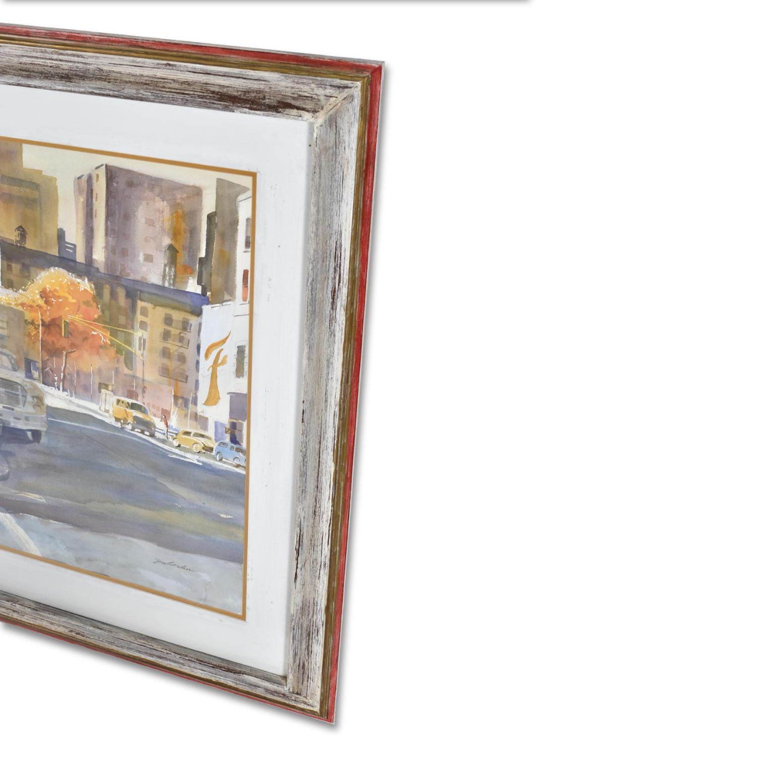James C. Borden Large Cityscape Street Scene Watercolor Painting Cerused Frame For Sale 2