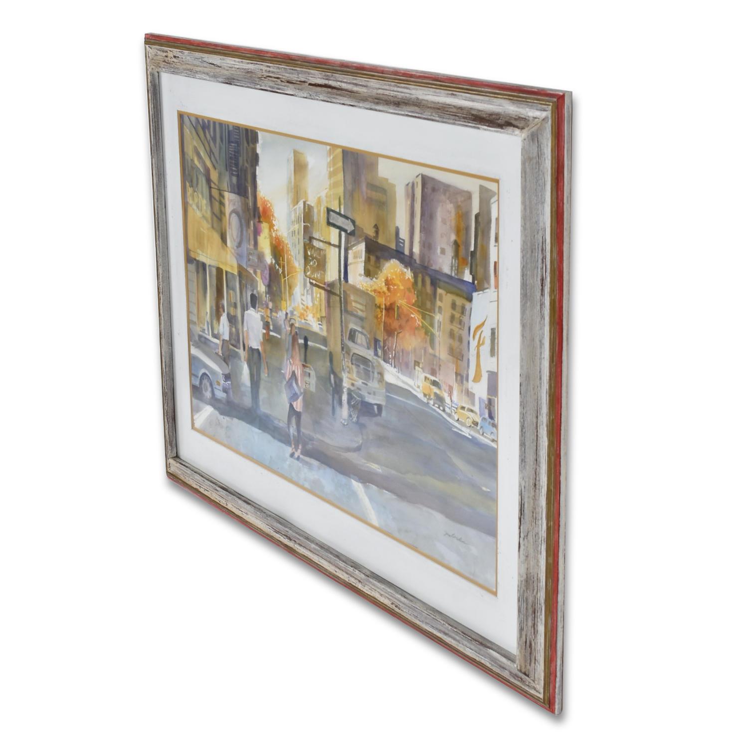 Absolutely masterful watercolor street scene painting by James C. Borden (1928-2013). Prepare to be awestruck when you lay eyes on this exquisitely detailed watercolor painting by James Borden. The modern painting depicts an ethereal urban scene