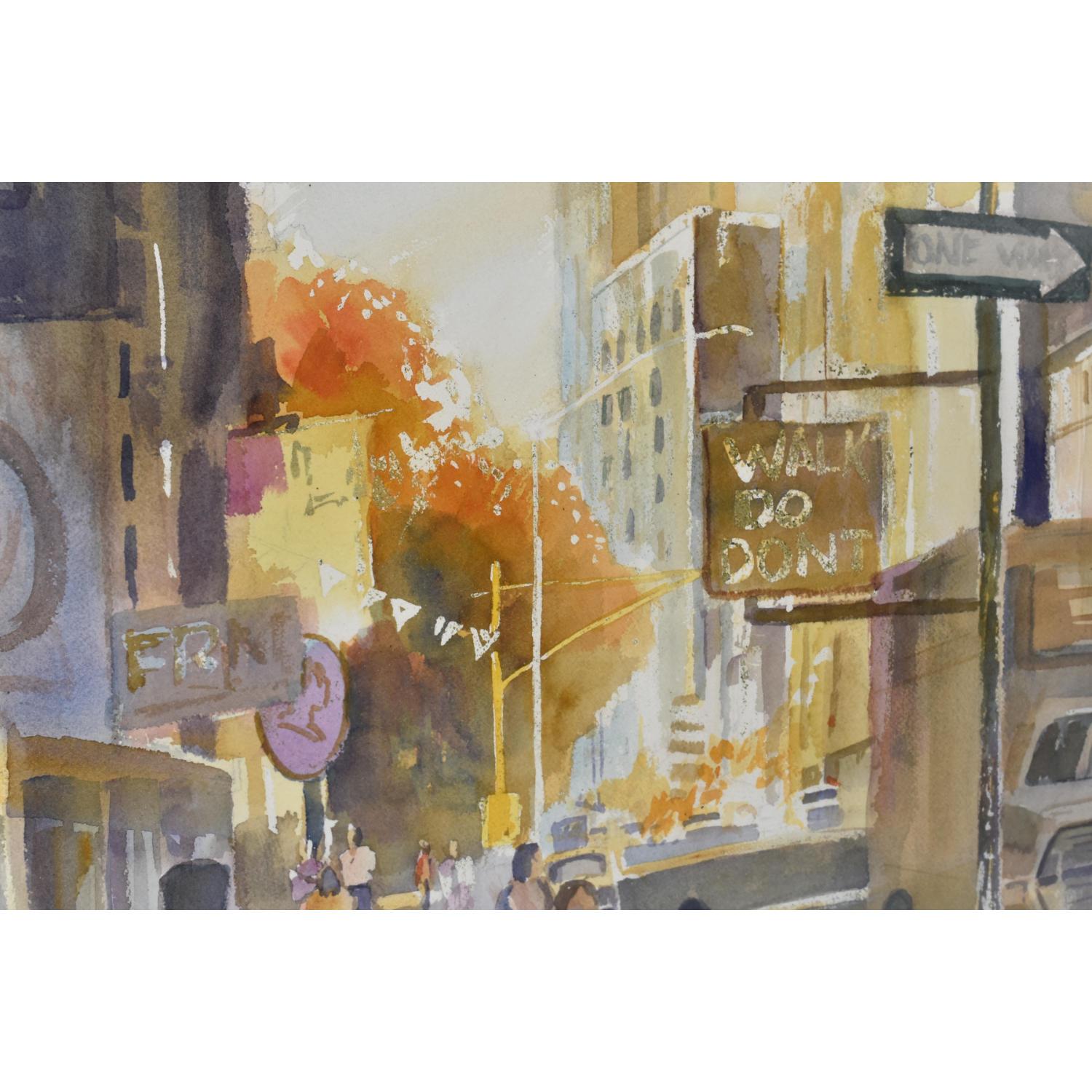 James C. Borden Large Cityscape Street Scene Watercolor Painting Cerused Frame In Excellent Condition For Sale In Chattanooga, TN