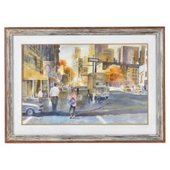James C. Borden Large Cityscape Street Scene Watercolor Painting Cerused Frame