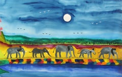 Elephant Parade Contemporary Naive Folk Art Outsider Art Elephant Animal Bright