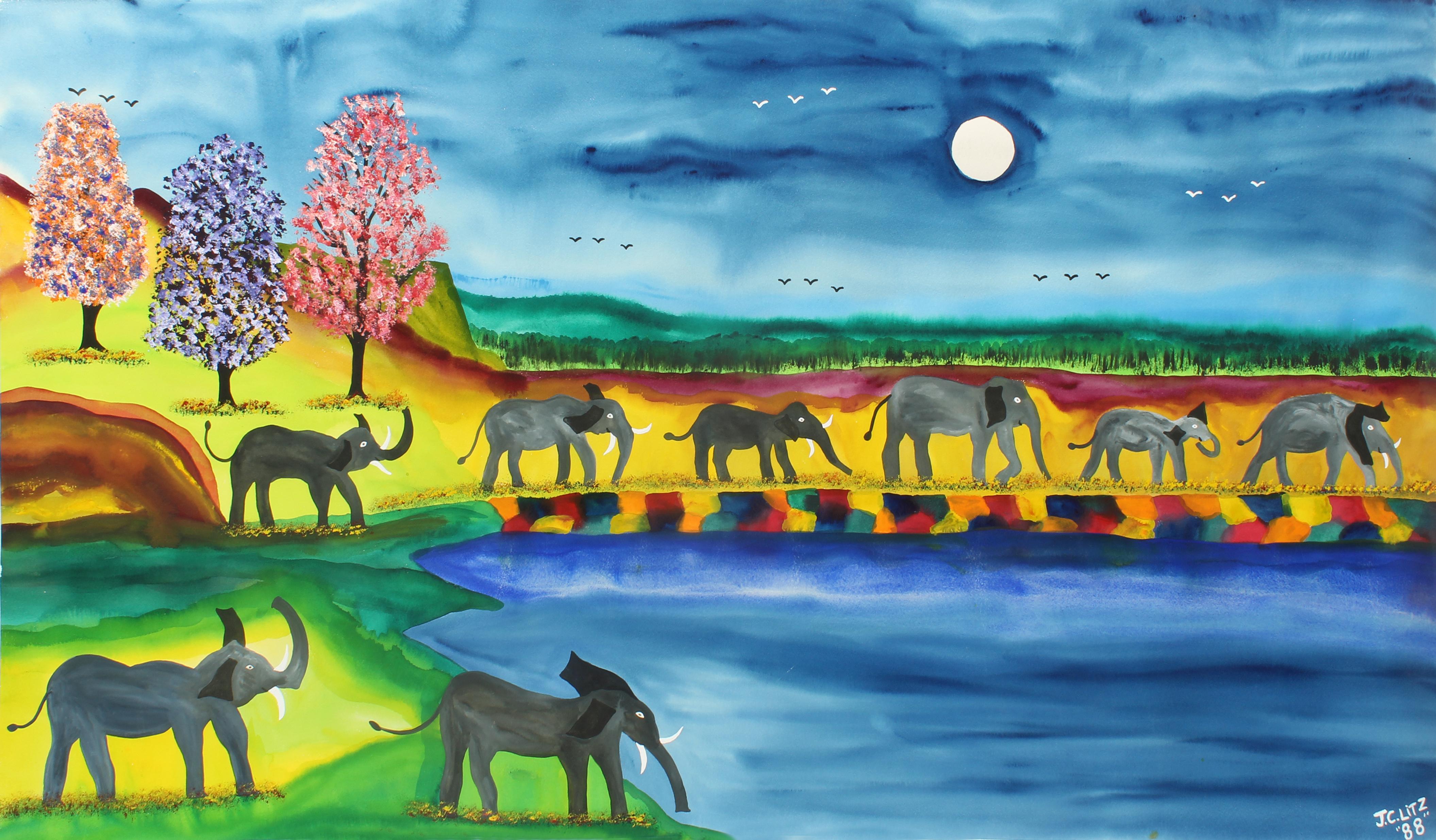 James (Jimmy) C. Litz Landscape Painting - Elephant Parade Contemporary Naive Folk Art Outsider Art Elephant Animal Bright