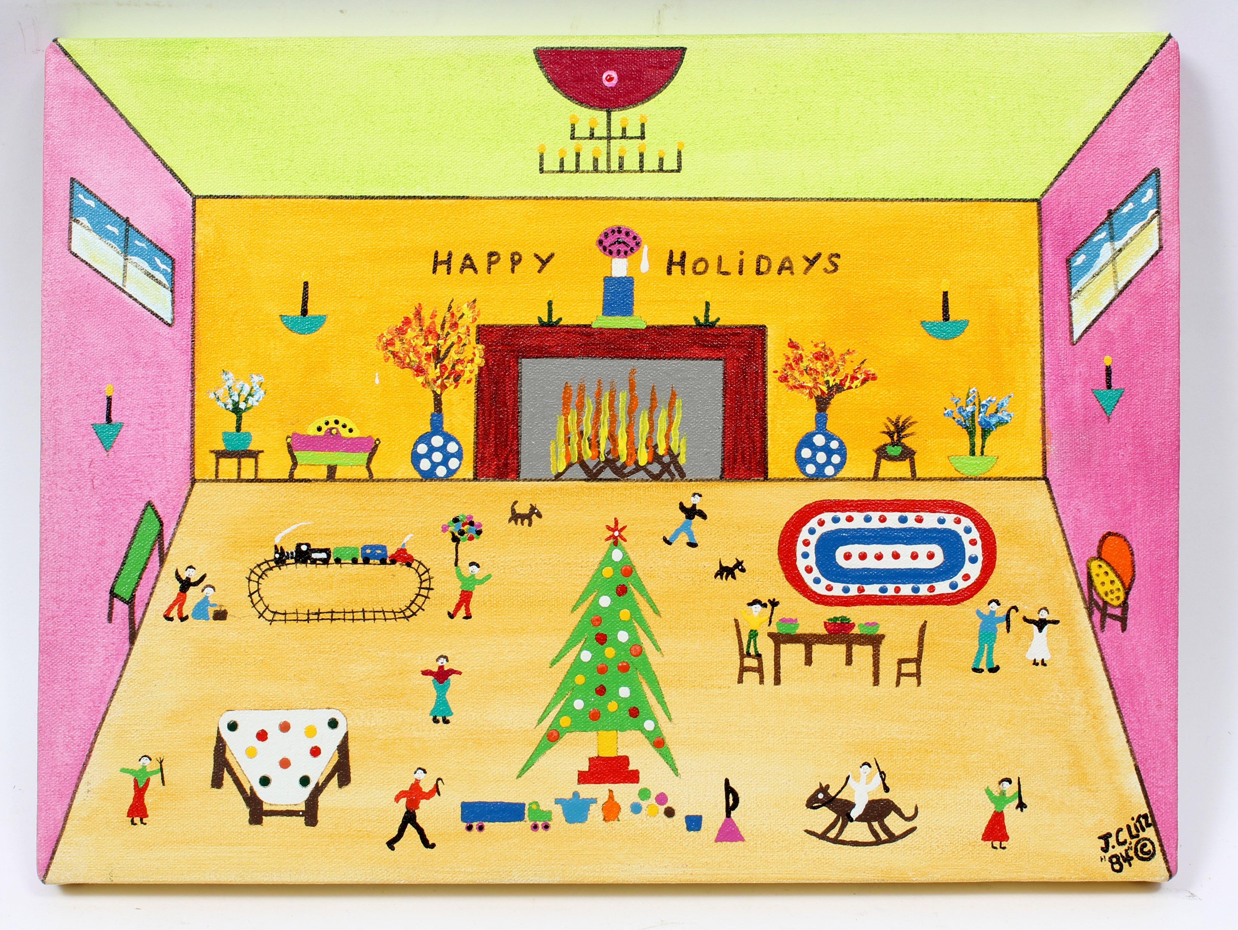 Holiday Volkskunst-Gemälde, Spielzeug, Innenausstattung, amerikanischer Naive, seltener Weihnachts – Painting von James (Jimmy) C. Litz