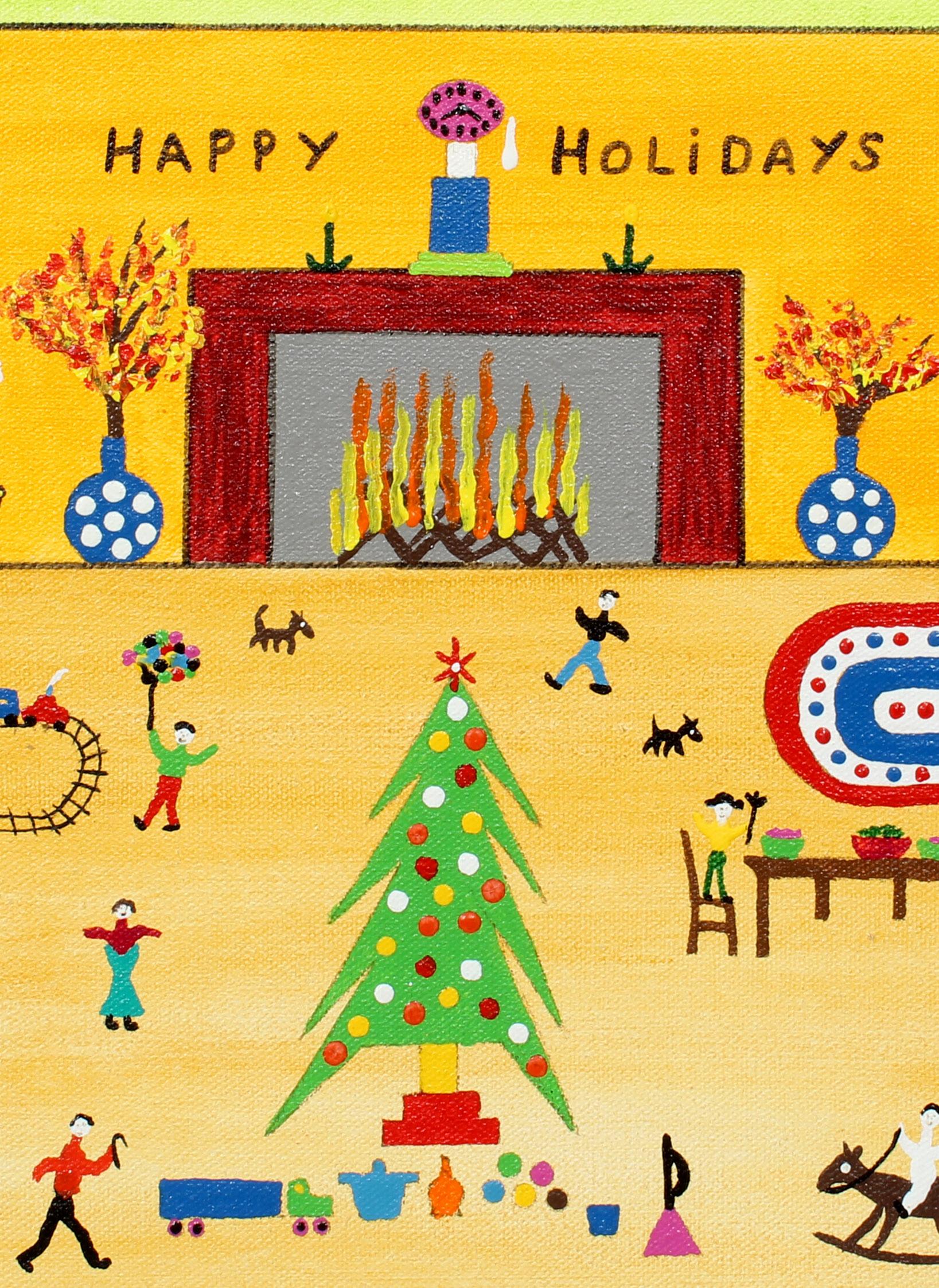 Holiday Volkskunst-Gemälde, Spielzeug, Innenausstattung, amerikanischer Naive, seltener Weihnachts (Orange), Interior Painting, von James (Jimmy) C. Litz