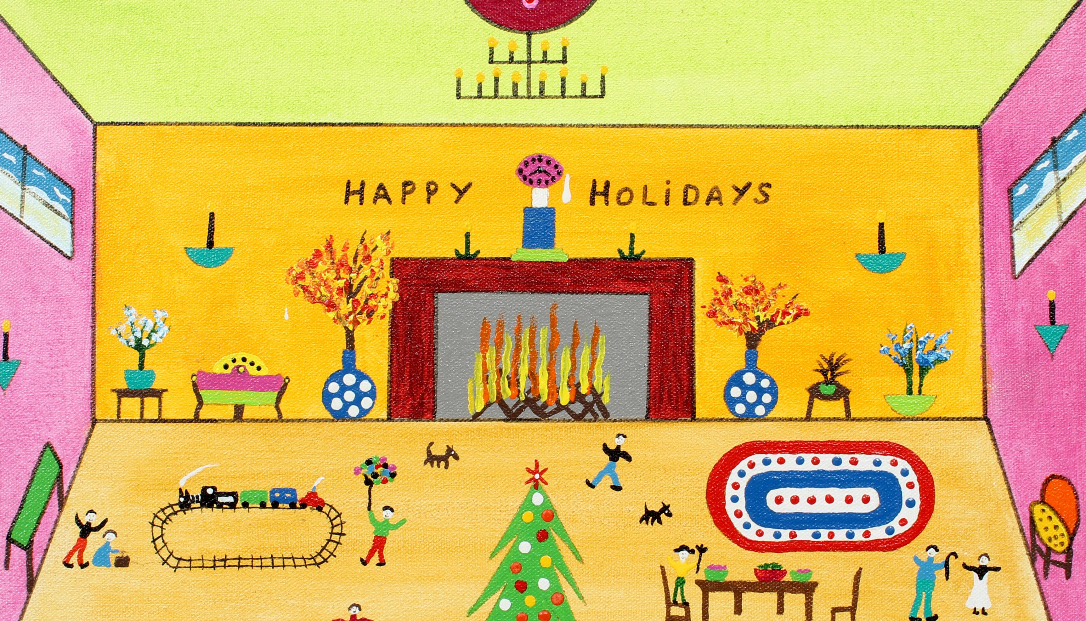 Peinture d'art populaire de Noël - Jouets d'intérieur - James Litz - Naïf américain - Rare Noël - Orange Interior Painting par James (Jimmy) C. Litz