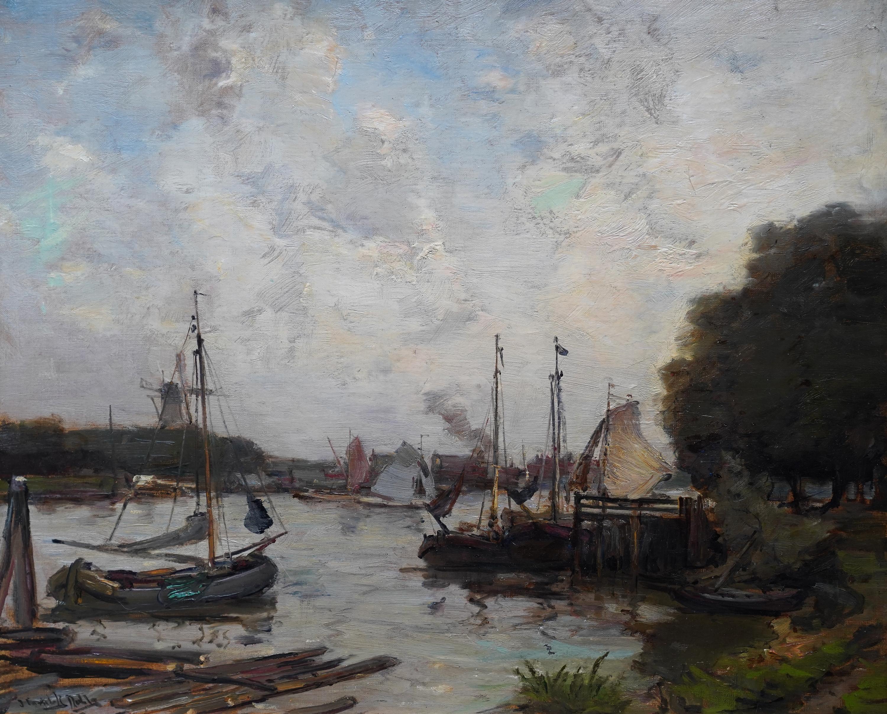 Harbour Seascape - peinture à l'huile marine impressionniste écossaise de l'époque édouardienne - Painting de James Campbell Noble