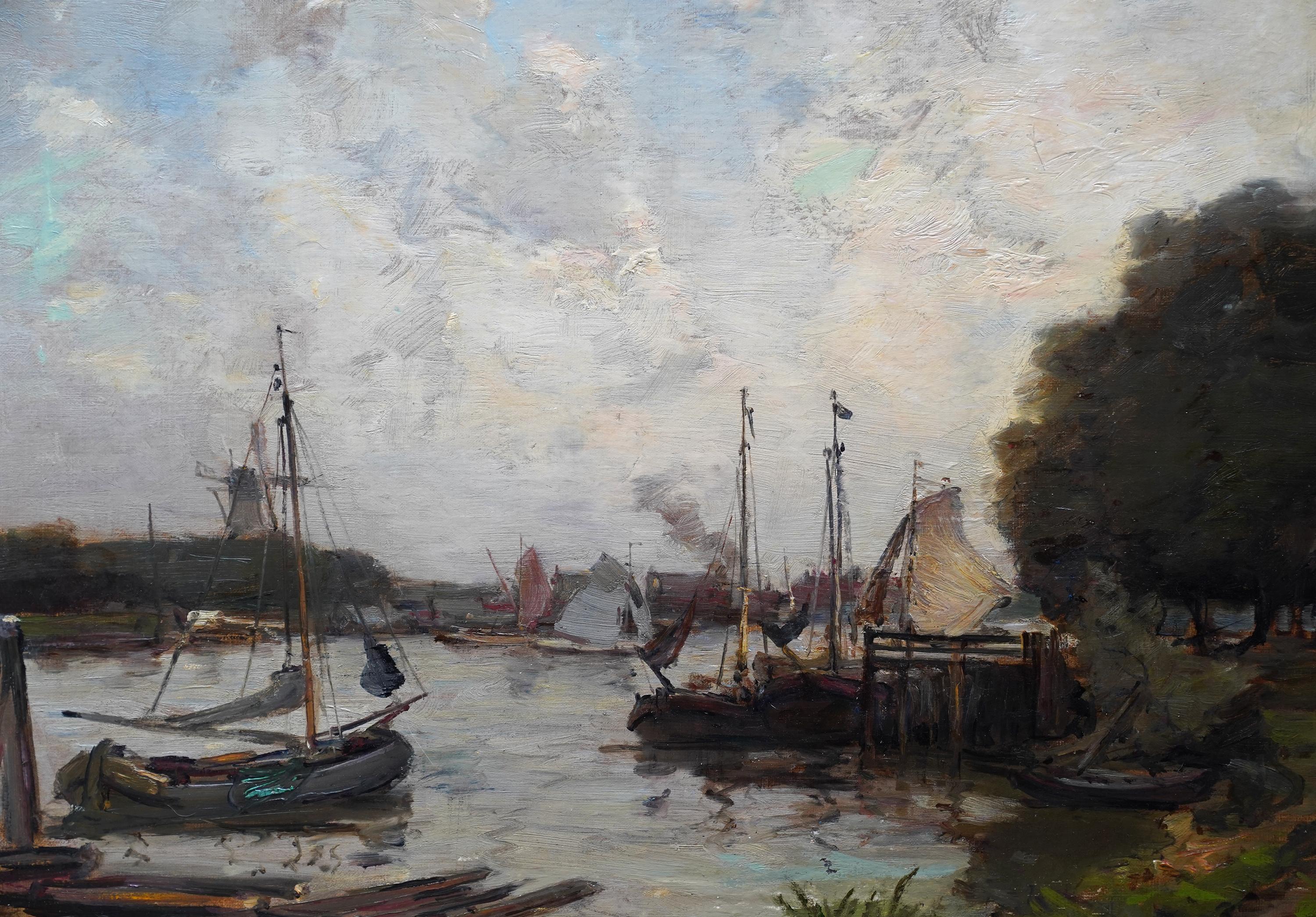 Cette superbe huile impressionniste de l'époque édouardienne est l'œuvre de l'artiste écossais James Campbell Noble RSA. Peinte vers 1910, la composition est une scène portuaire avec des arbres à droite, de nombreux bateaux et un moulin à vent