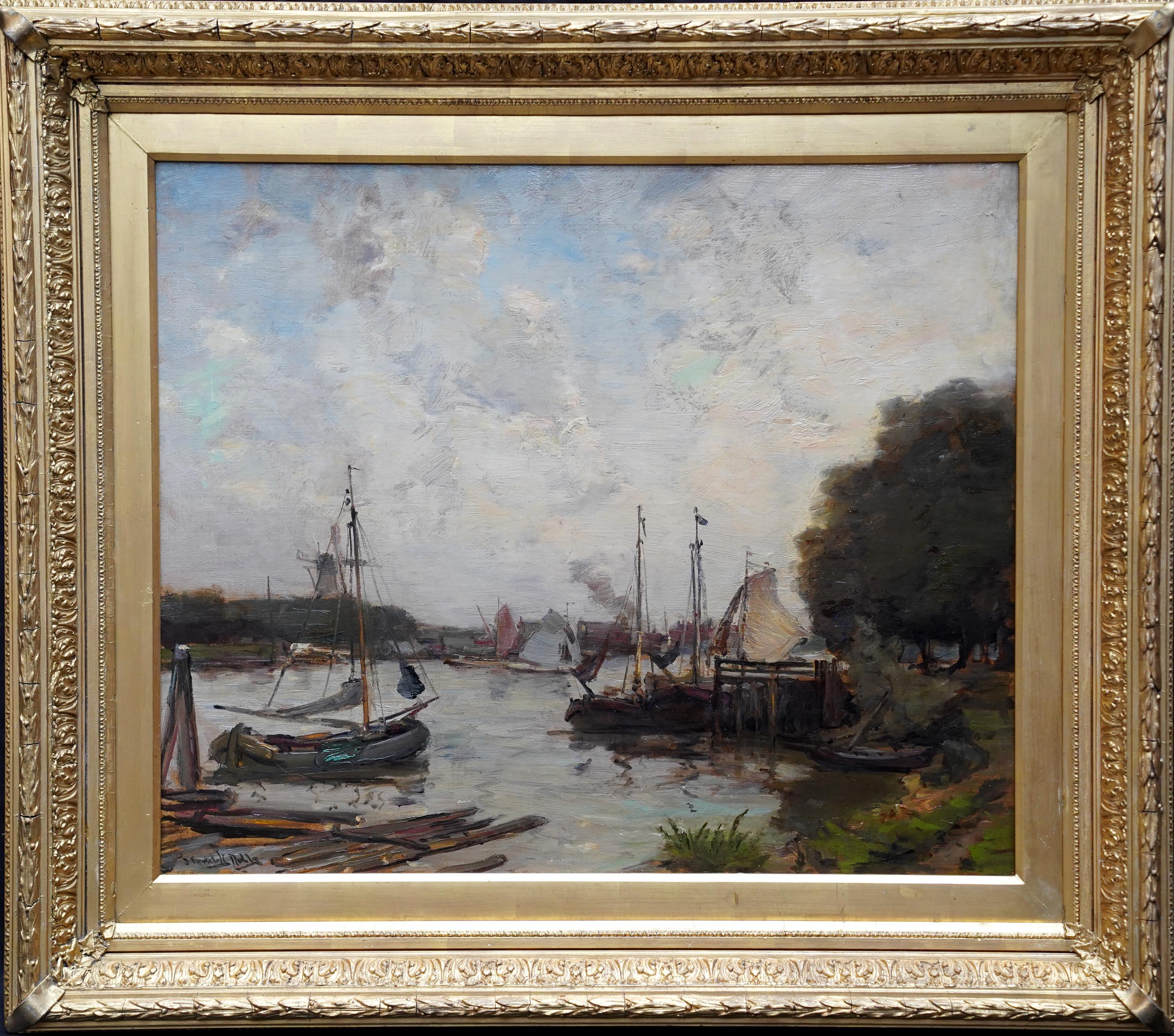 Landscape Painting James Campbell Noble - Harbour Seascape - peinture à l'huile marine impressionniste écossaise de l'époque édouardienne