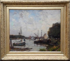 Antique Harbour Seascape - Scottish Edwardian Impressionist art marine oil painting