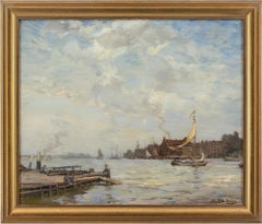 Antique James Campbell Noble RSA, Harbour With Sailboat & Figures
