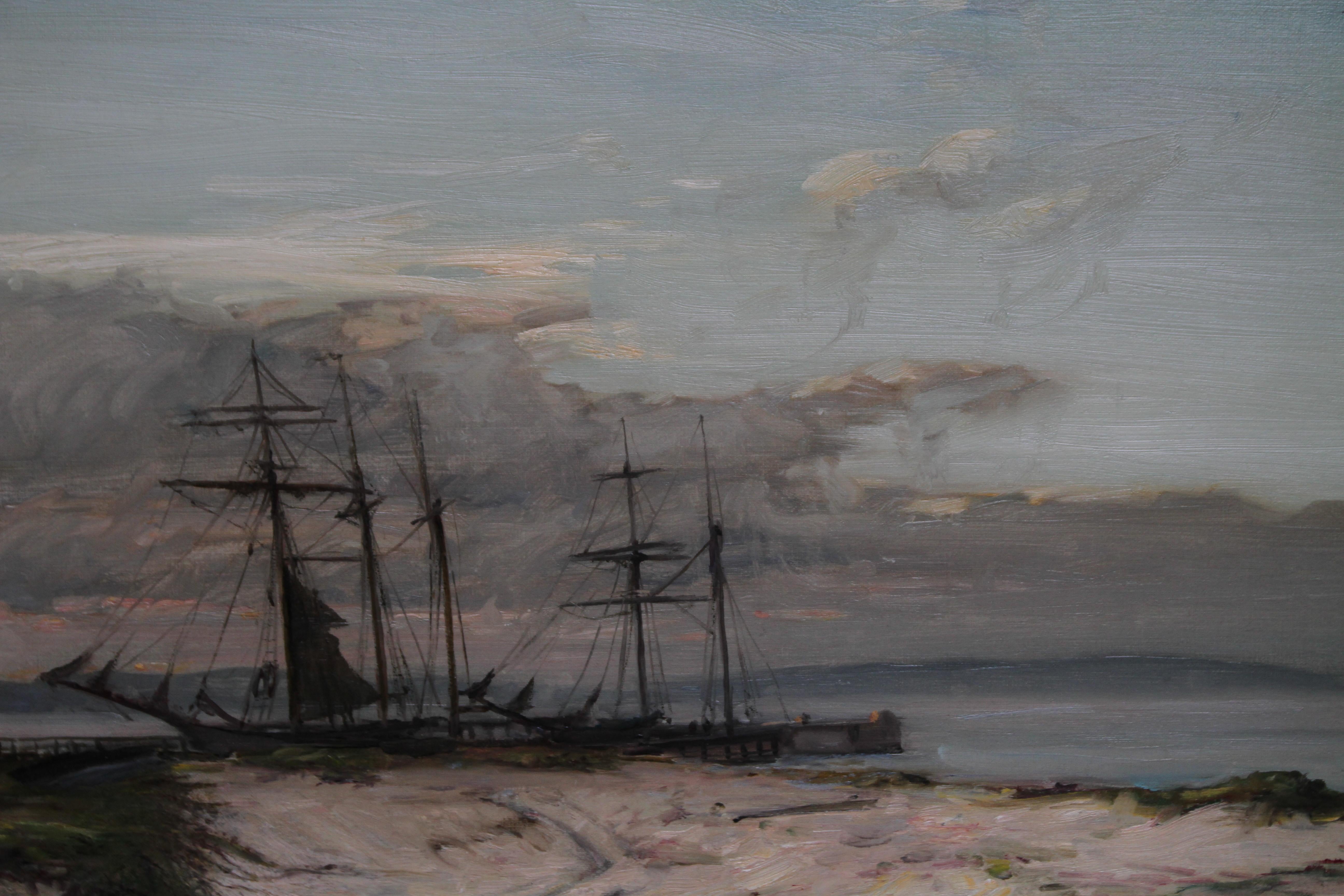 Une belle huile sur toile de l'artiste écossais John Campbell Noble RSA.  Peint vers 1911  Il s'agit d'un bel exemple d'impressionnisme écossais qui représente un paysage fluvial/marin avec le négociant norvégien Anastasia. L'œuvre est très vivante,