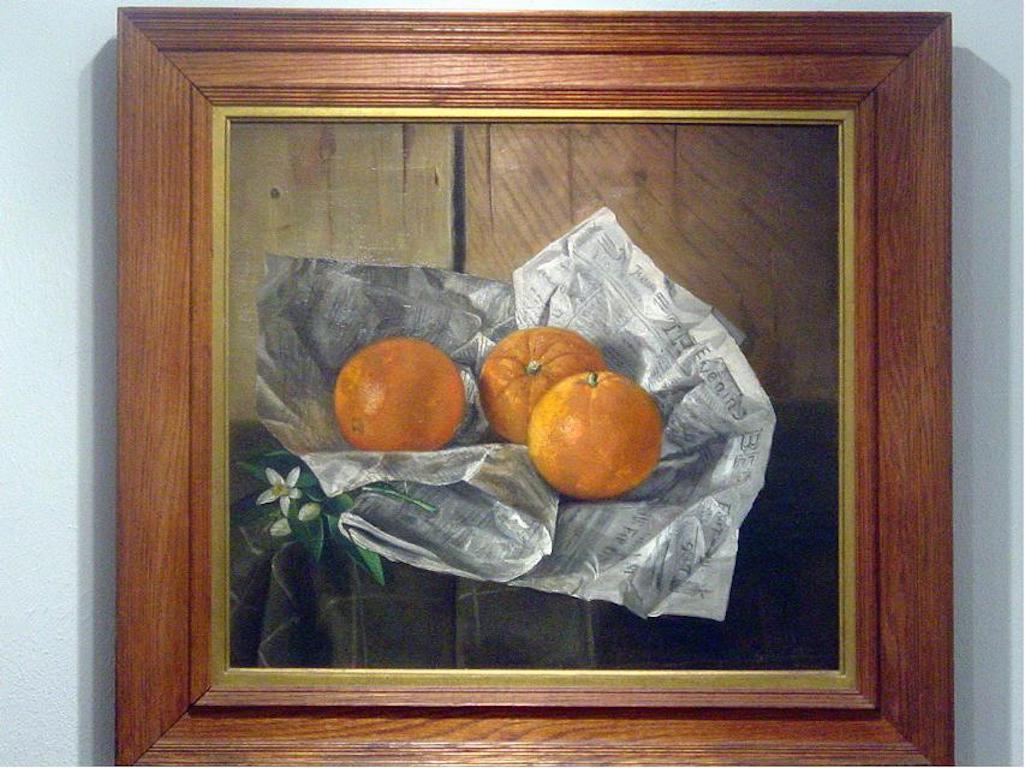 Still Life with Oranges and the Sacramento Bee Newspaper - Painting by James Carroll Mansfield