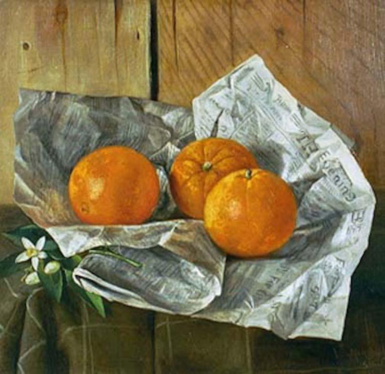 James Carroll Mansfield Still-Life Painting - Still Life with Oranges and the Sacramento Bee Newspaper