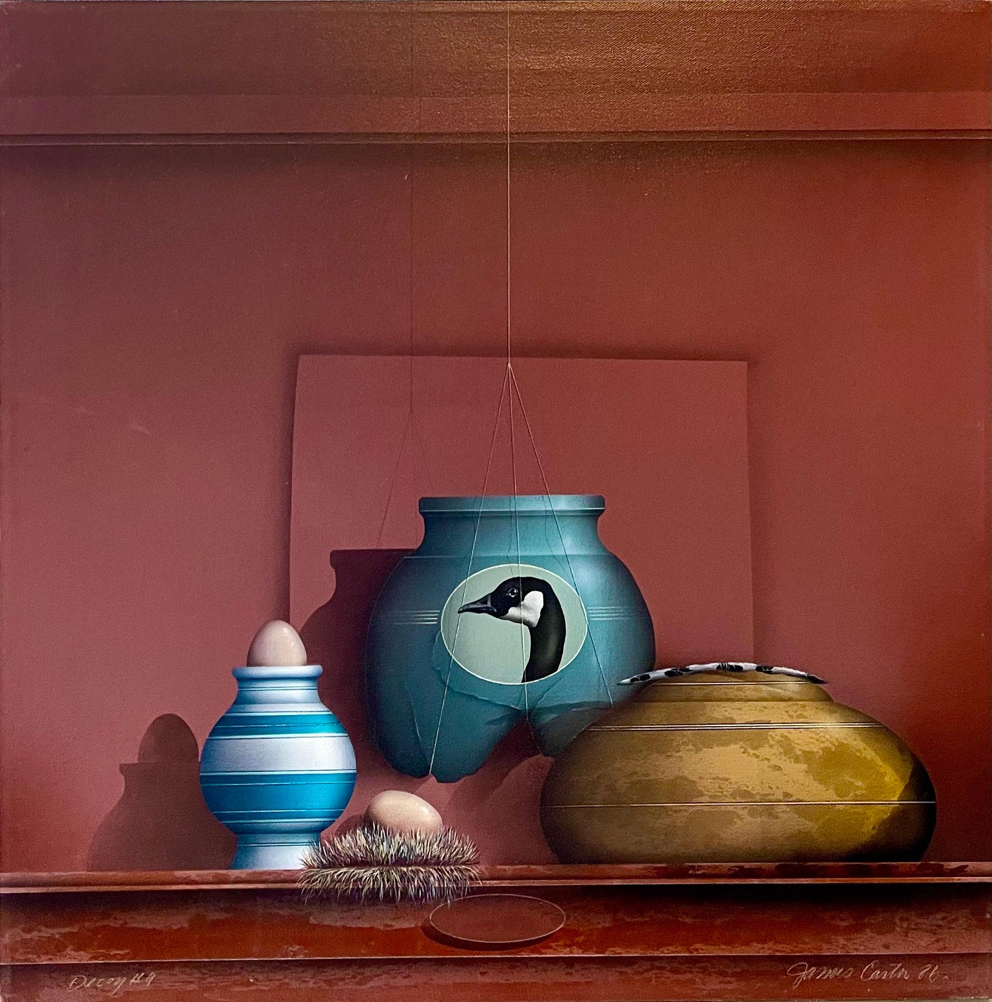 Provenance: Madison Gallery (Madison Connecticut) bears their label verso.
Hunting and fishing cabin themed artwork in a hyper realist or photo realist style.

James Carter (Born 1948) is active/lives in Connecticut.  James O Carter is known for