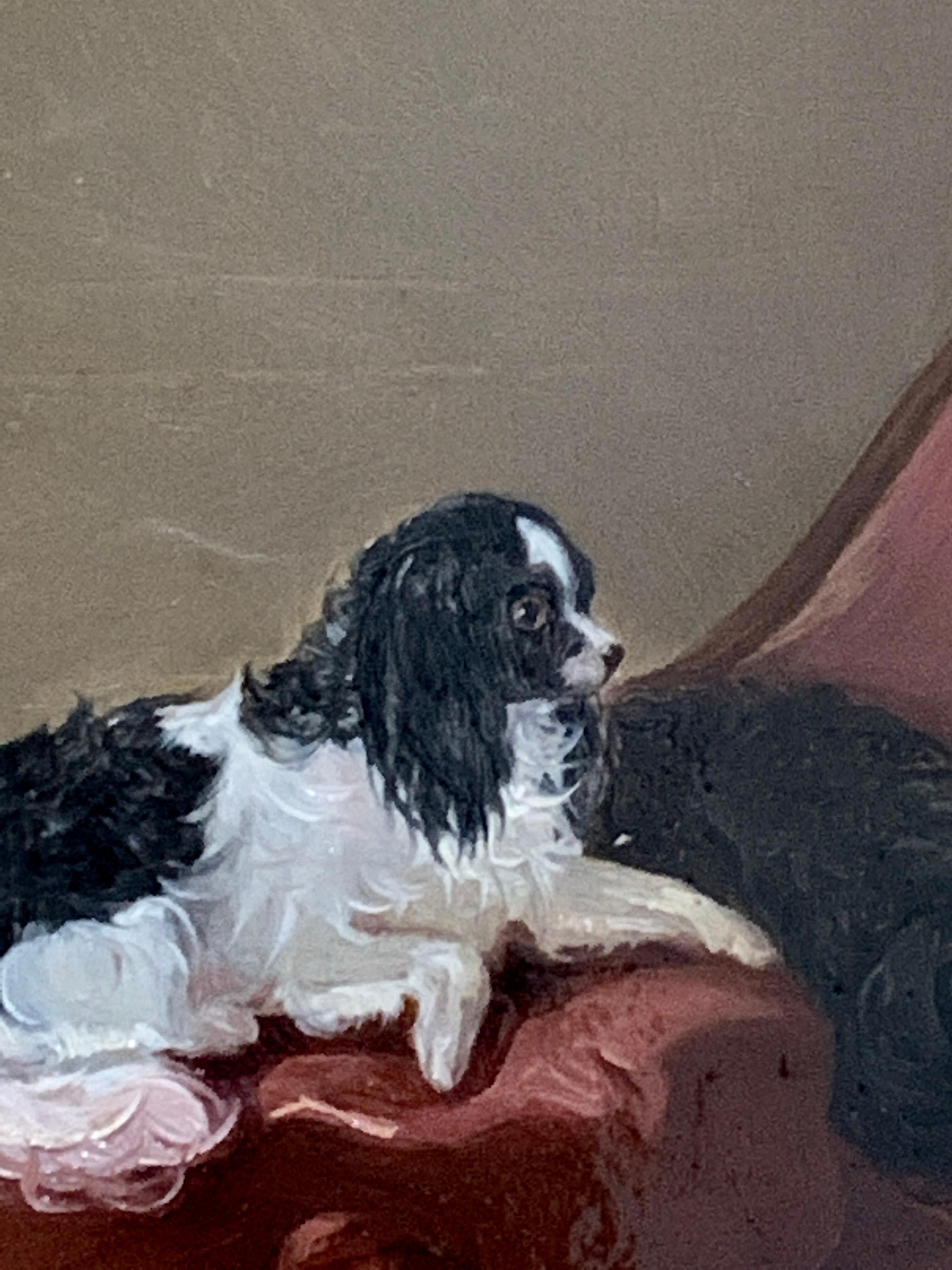 English 19th century portrait of two seated King Charles Cavalier Spaniels dogs - Painting by James Cassie