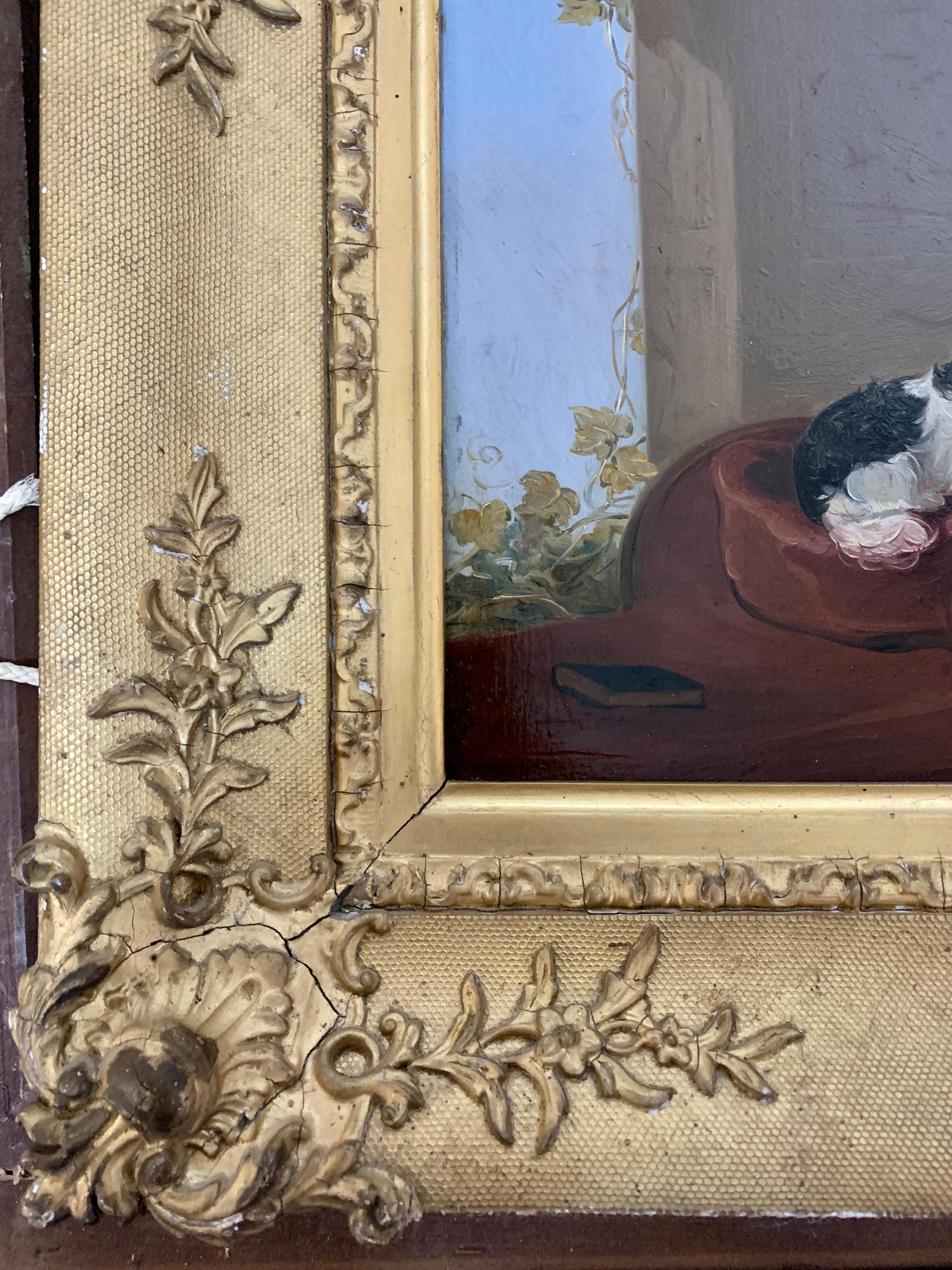 English 19th century portrait of two seated King Charles Cavalier Spaniels dogs - Brown Interior Painting by James Cassie