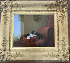 English 19th century portrait of two seated King Charles Cavalier Spaniels dogs