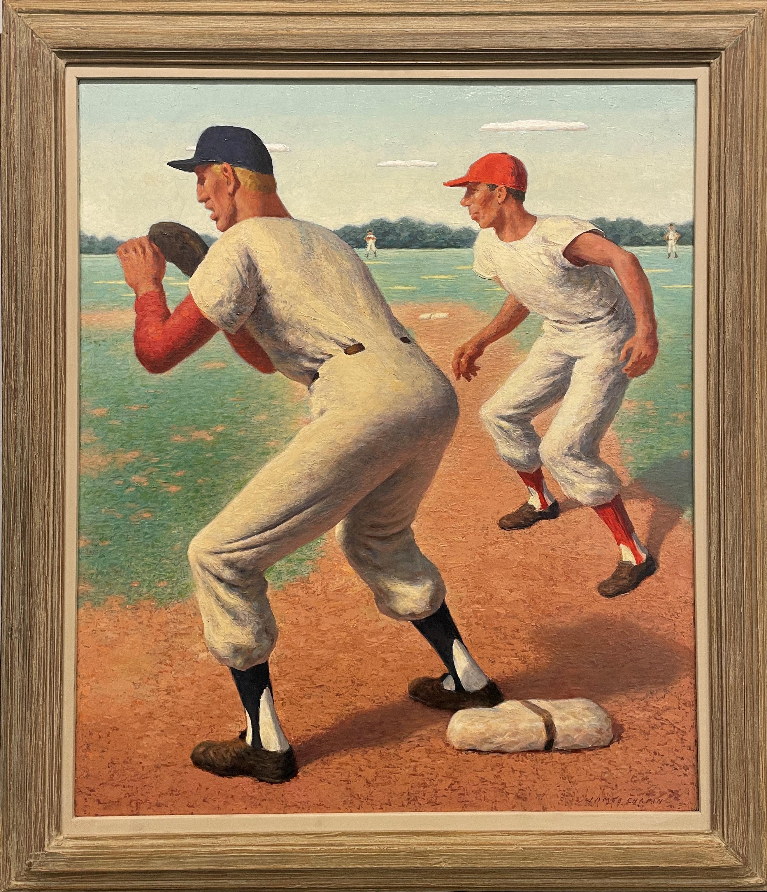 „Man on First“ James Chapin, Baseballsport, Figurative WPA, amerikanische Szene – Painting von JAMES CHAPIN