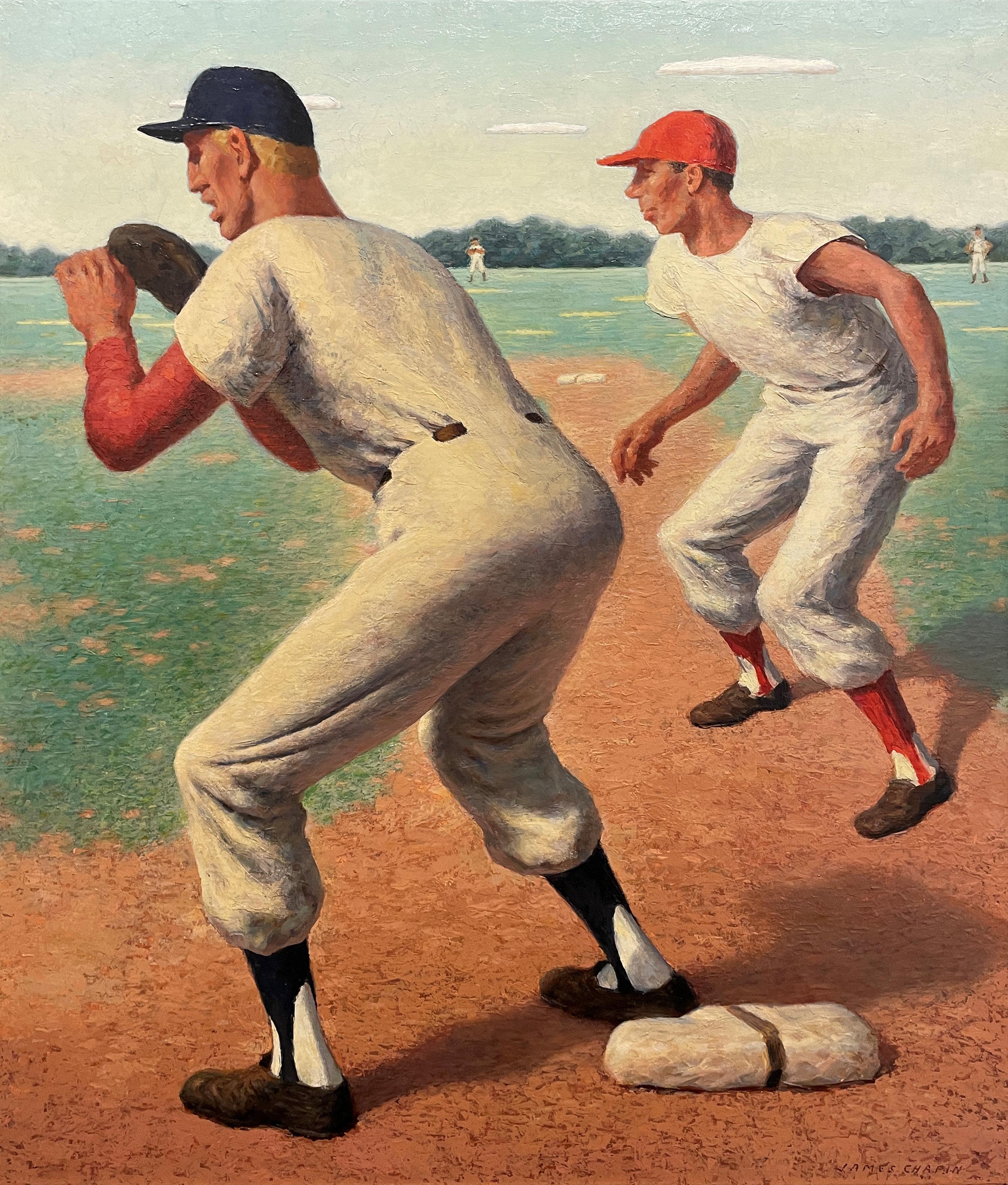 JAMES CHAPIN Figurative Painting – „Man on First“ James Chapin, Baseballsport, Figurative WPA, amerikanische Szene