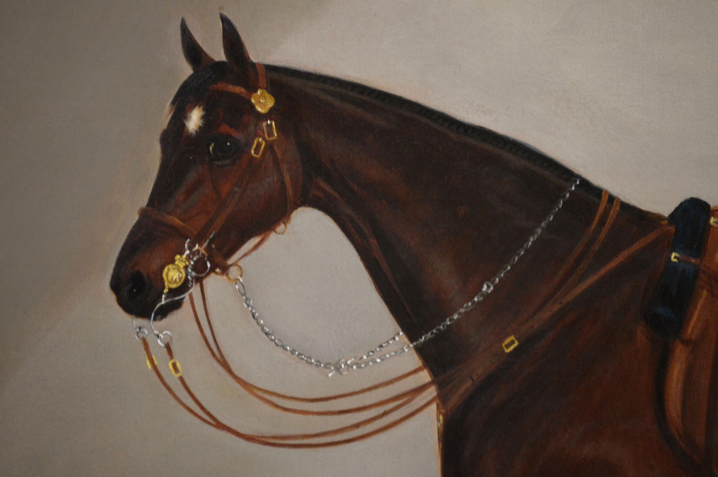 James Clark
British, (1812-1884)
Bay Horse in a Stable
Oil on canvas, signed
Image size: 19.25 inches x 23.25 inches 
Size including frame: 25.5 inches x 29.5 inches

A well-painted horse portrait of a bay horse in a stable by James Clark. A fully