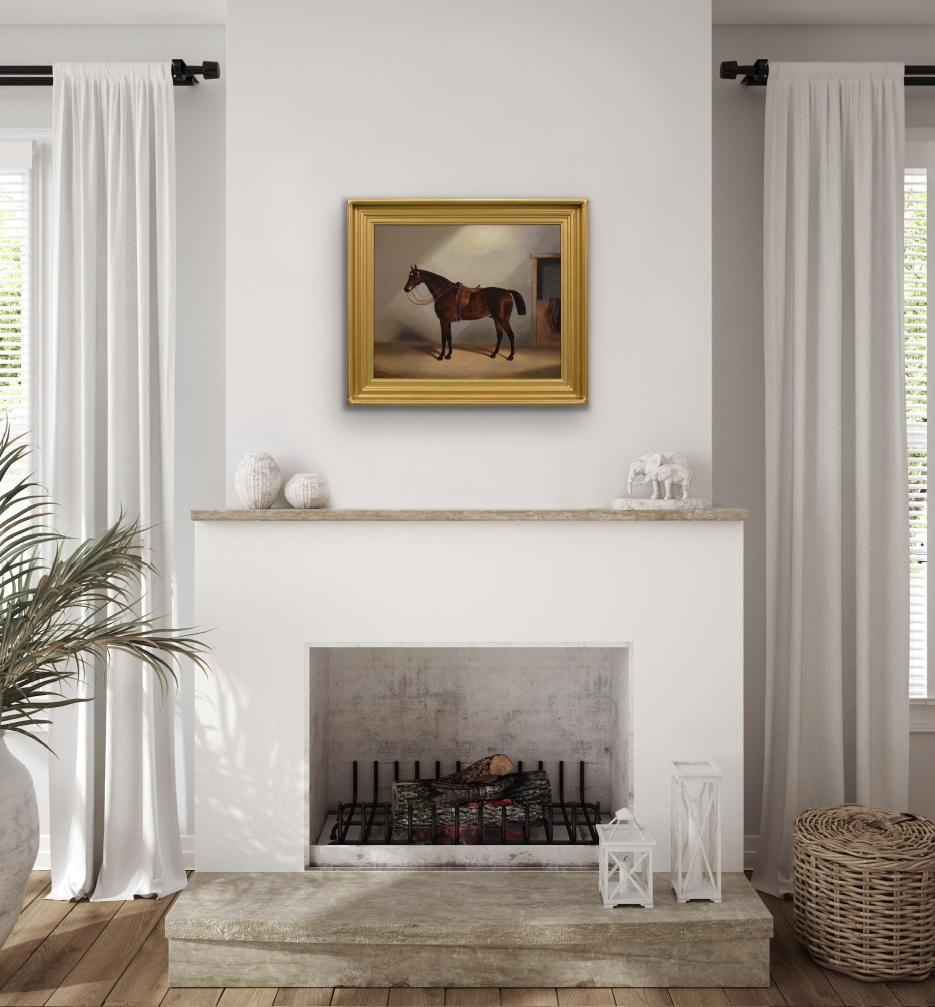 19th Century sporting horse portrait oil painting of a bay horse in a stable 2
