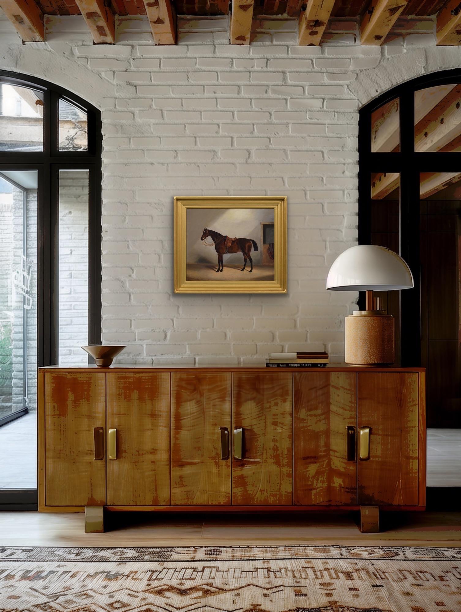 19th Century sporting horse portrait oil painting of a bay horse in a stable 4