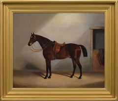 19th Century sporting horse portrait oil painting of a bay horse in a stable