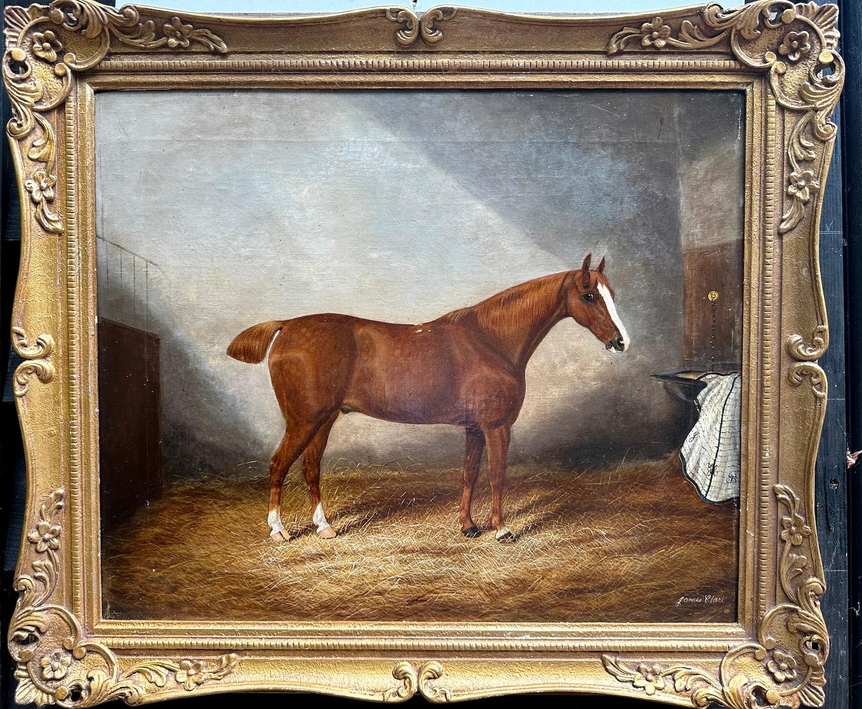 Ritratto inglese antico vittoriano di un cavallo/cacciatore in una stalla - Painting Vittoriano di James Clark