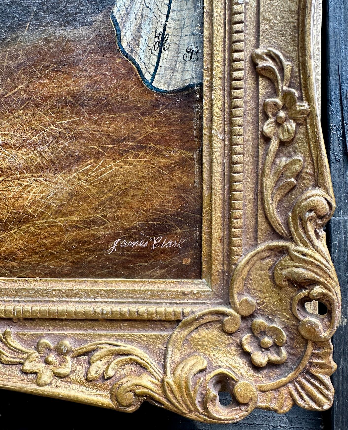 Ritratto inglese antico vittoriano di un cavallo/cacciatore in una stalla - Animal Painting Marrone di James Clark