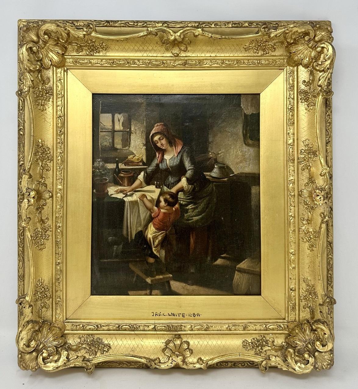 An exceptionally fine quality example of a framed Interior Kitchen Scene Oil Painting on Canvas by well documented English – Australian Artist James Clarke Waite, Third quarter of the Nineteenth Century. Complete with its original good very ornate