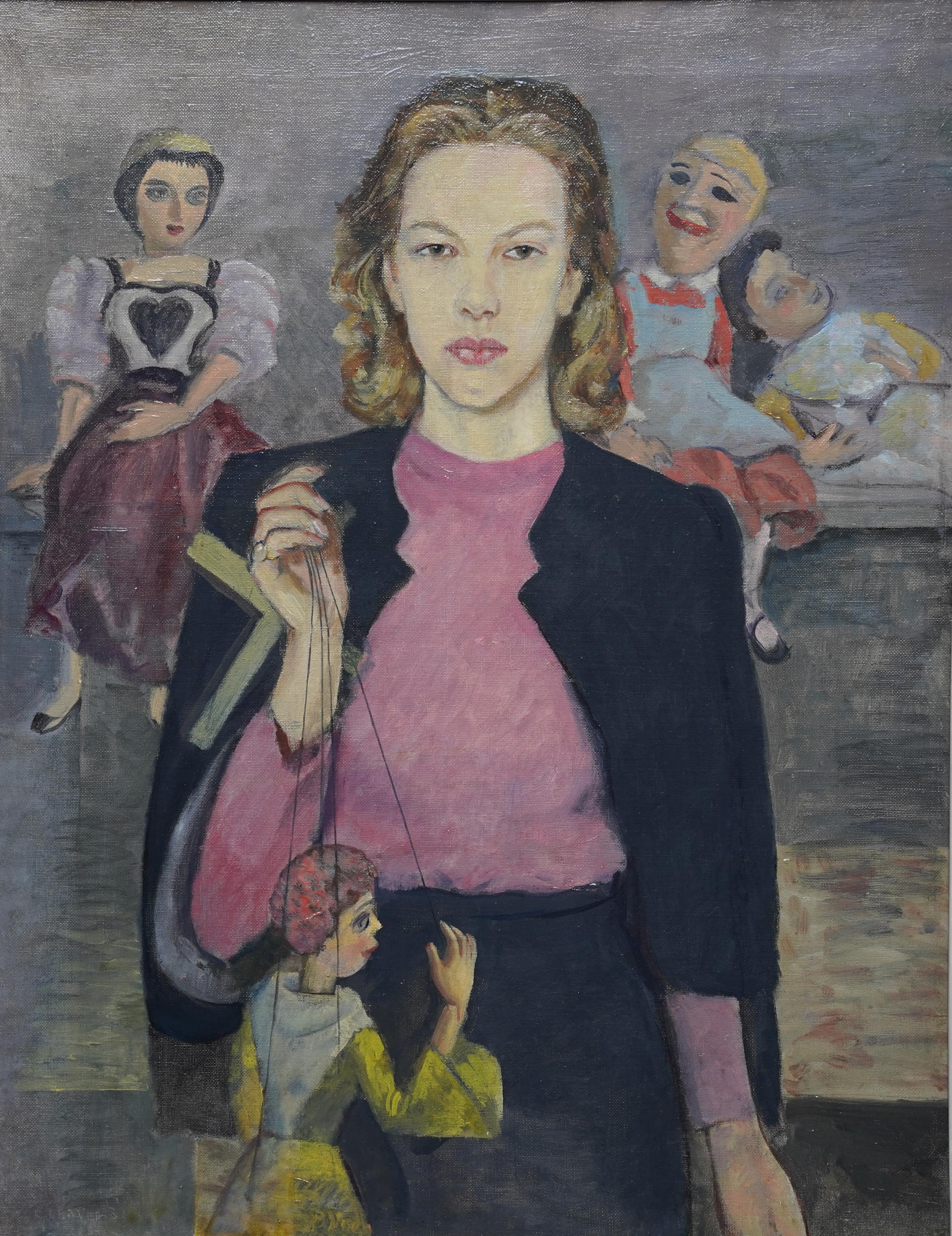 Portrait of Caroline and her Puppets - British 1930s theatrical art oil painting For Sale 8