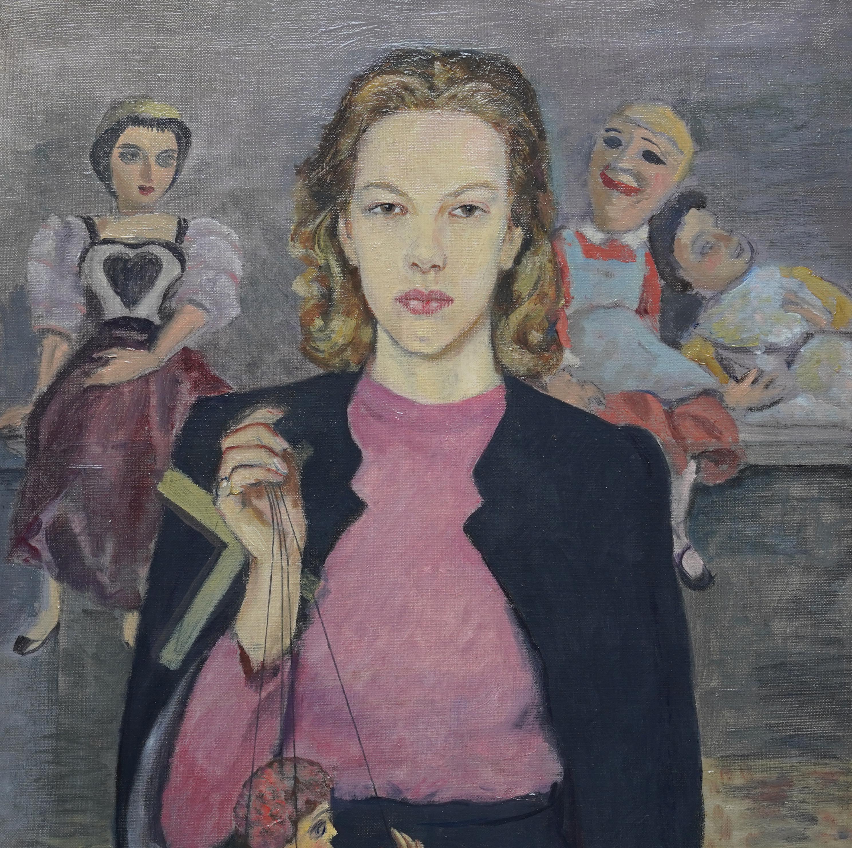 Portrait of Caroline and her Puppets - British 1930s theatrical art oil painting - Realist Painting by James Cleaver