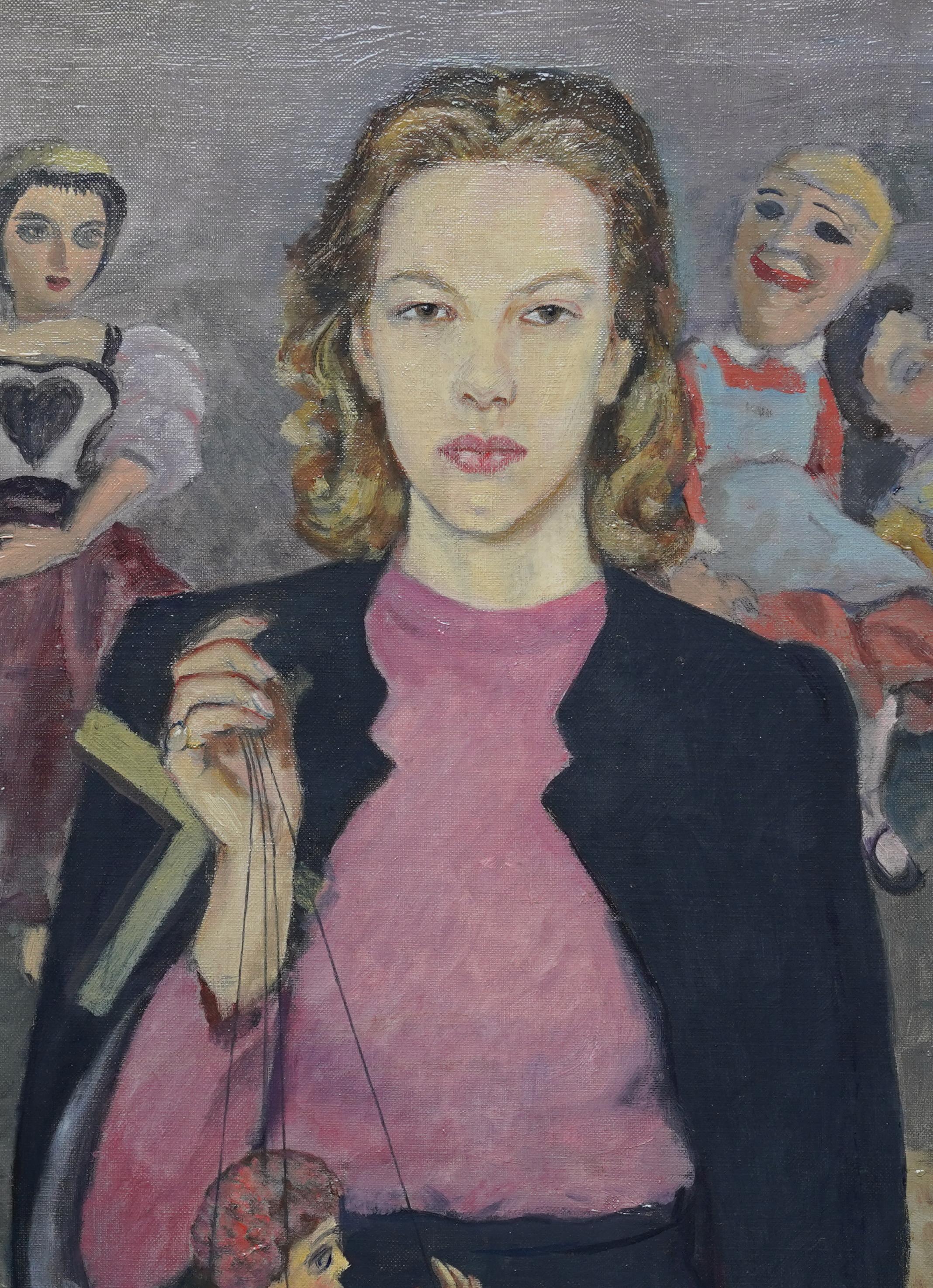 This superb Royal Academy exhibited portrait oil painting is by British artist James Cleaver ARCA. It was painted in 1937 and exhibited at the Royal Academy in 1939 entitled 'Caroline and her Puppets'. It is a three-quarter length portrait of a