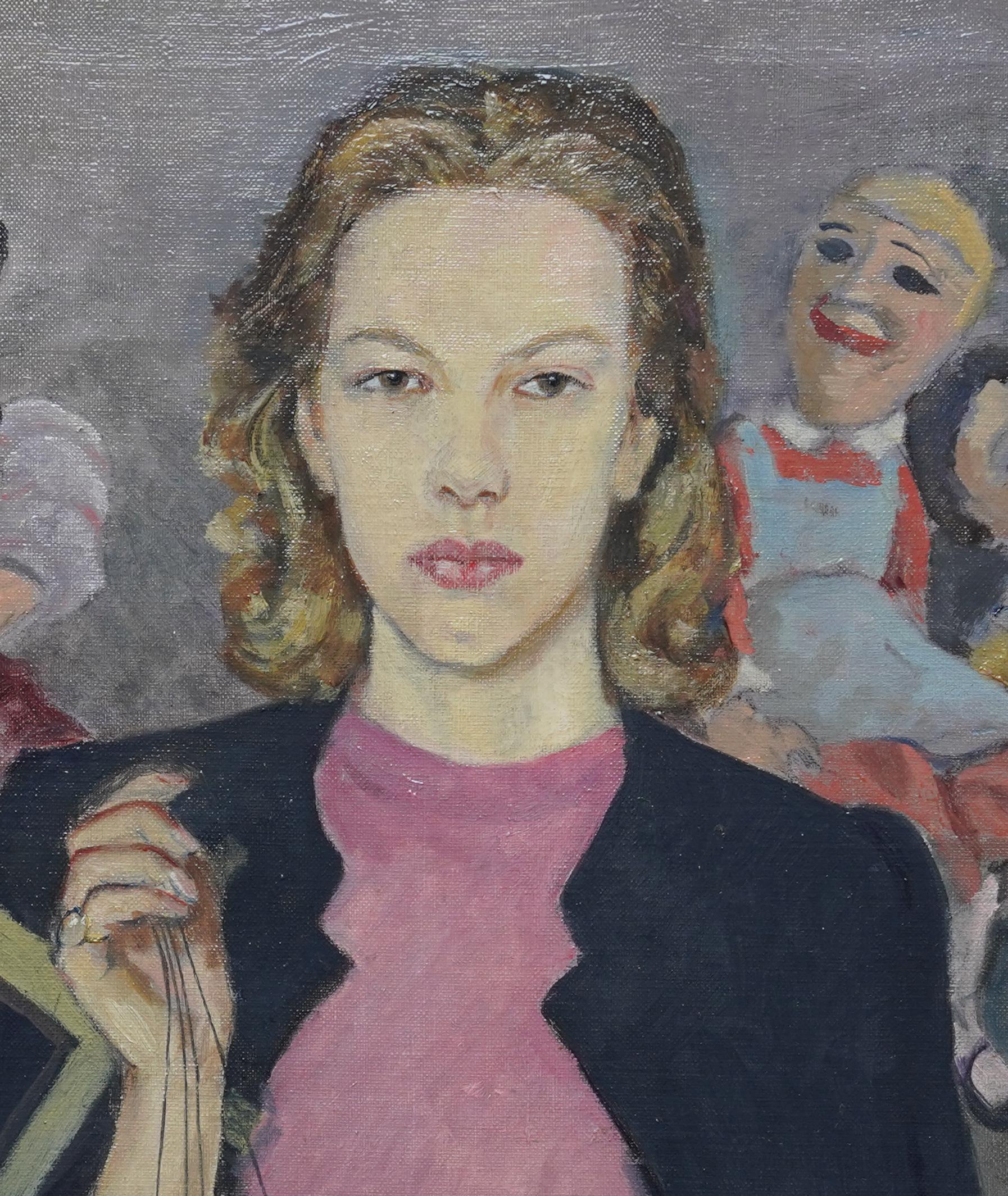 Portrait of Caroline and her Puppets - British 1930s theatrical art oil painting For Sale 1