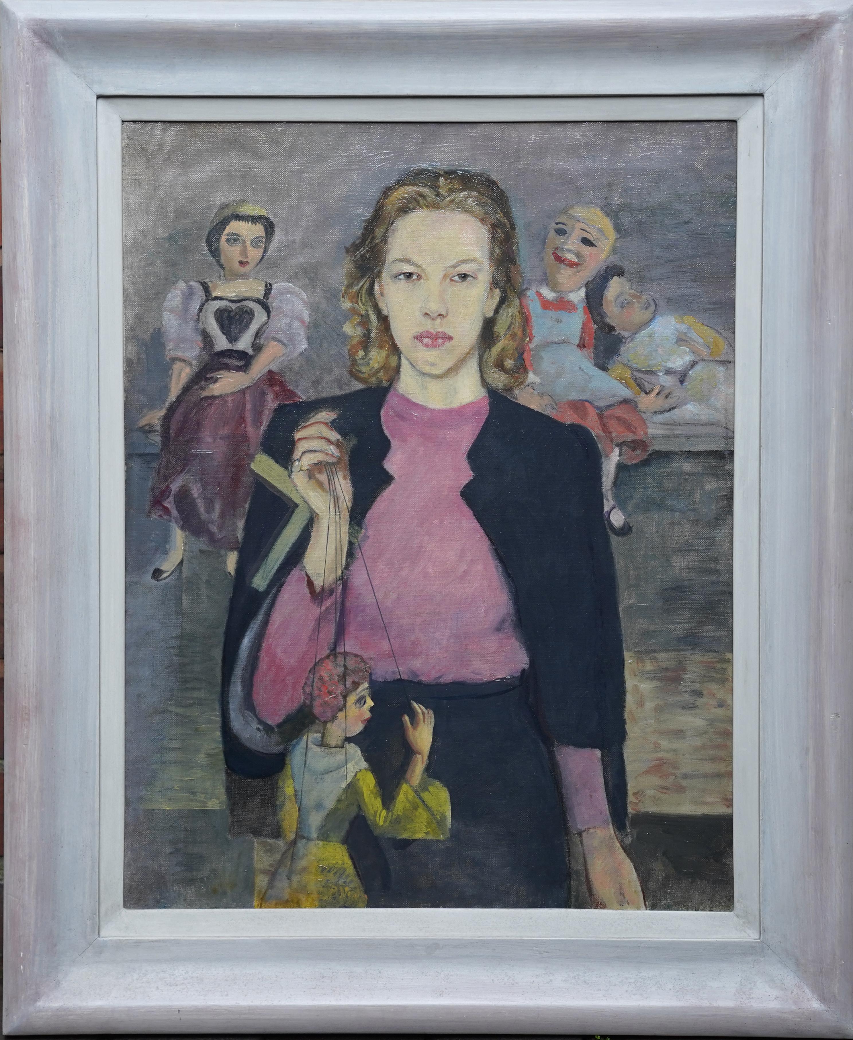 James Cleaver Portrait Painting - Portrait of Caroline and her Puppets - British 1930s theatrical art oil painting