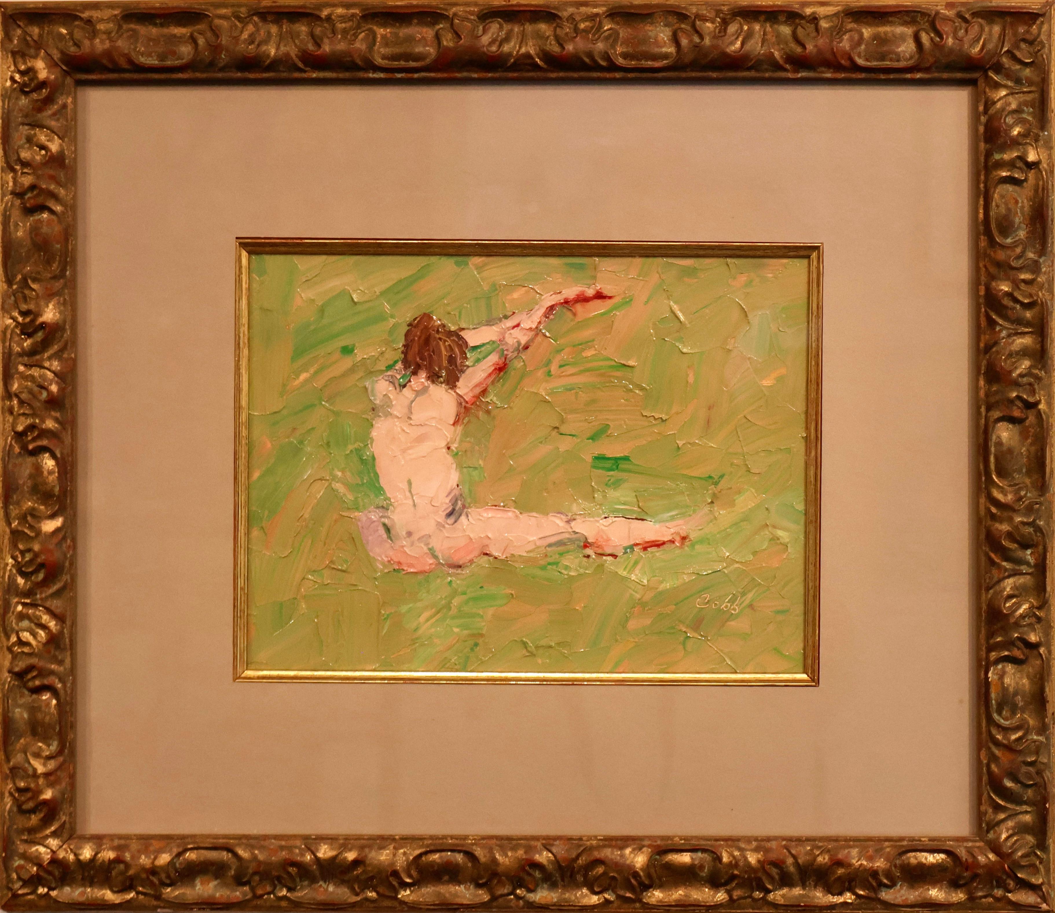 Dieses gerahmte Ölgemälde auf Leinwand im Format 9" x 11" des in Oklahoma lebenden Künstlers James Cobb ist eine abstrahierte figürliche Studie, die Teil einer größeren Serie ist und von Bewegungen im Ballett inspiriert wurde. Cobb, ein Arzt im