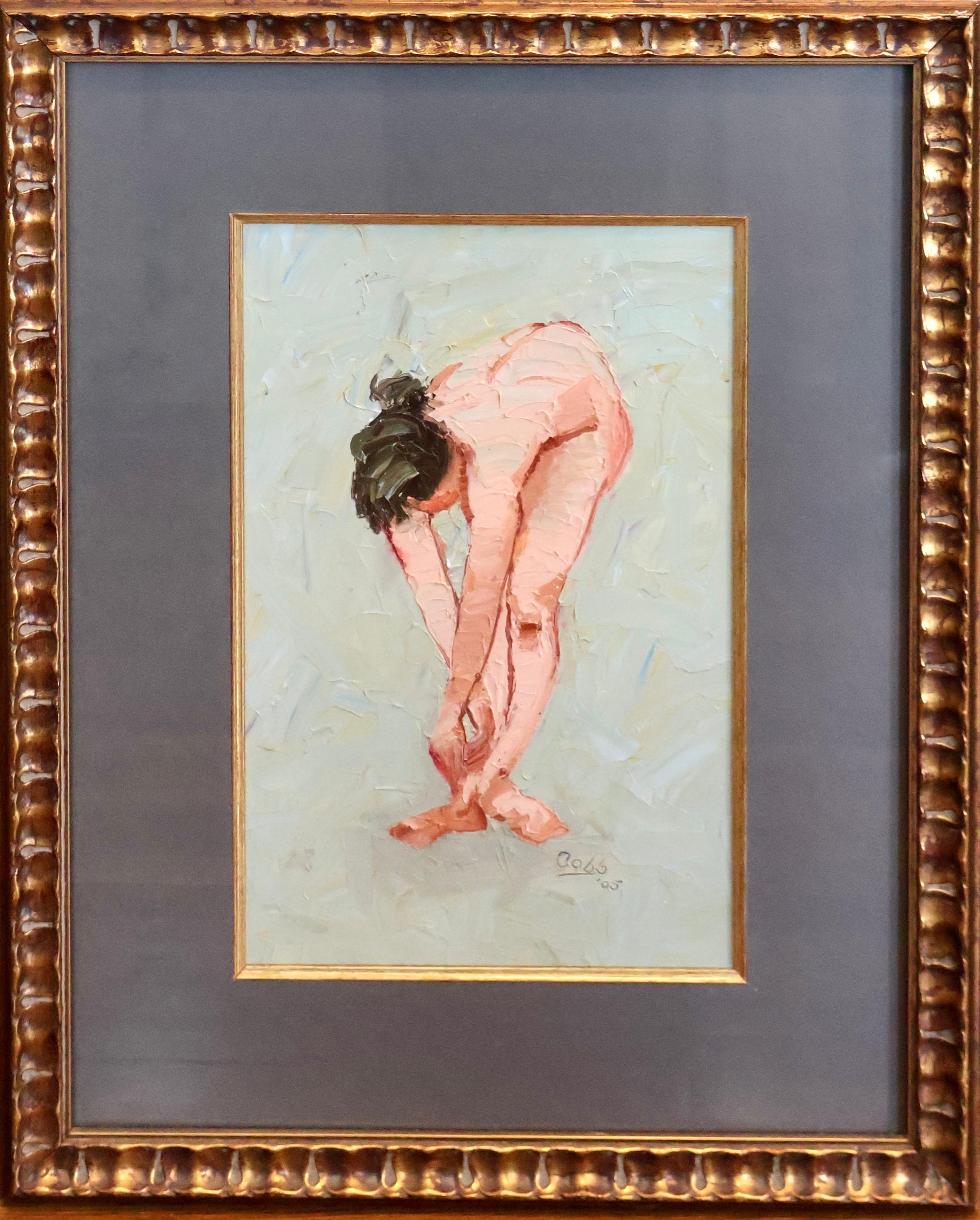 This framed 16" x 10.25" oil painting on canvas panel by Oklahoma-based painter James Cobb is part of a larger series of figure studies that take inspiration from movements in ballet. Cobb, a retired physician, frequently completes anatomical