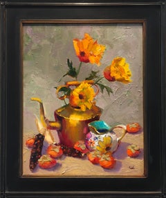 "Teiera in ottone con cachi e papaveri" di James Cobb; incorniciata, 20" x 16", 2023