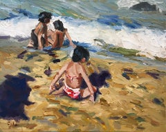 "Children on Beach" by James Cobb; 16" x 20" x 1.5" Impressionist Oil Painting