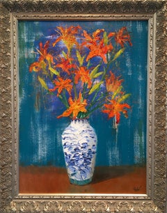 « Day Lilies Galore » de James Cobb ; peinture à l'huile sur toile, encadrée, 24" x 18", 2023