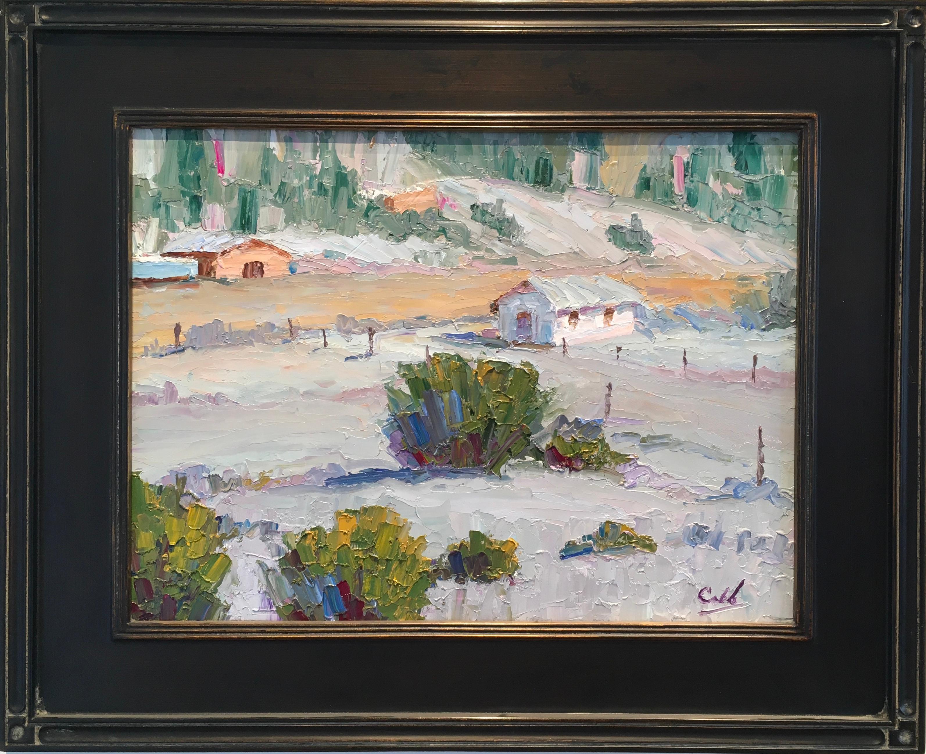 Este cuadro al óleo sobre lienzo, de 12" x 15,5", enmarcado, obra del artista de Oklahoma James Cobb, representa el paisaje visto desde lo alto de una colina. Gran parte de la composición está pintada en un blanco suave y frío para representar la