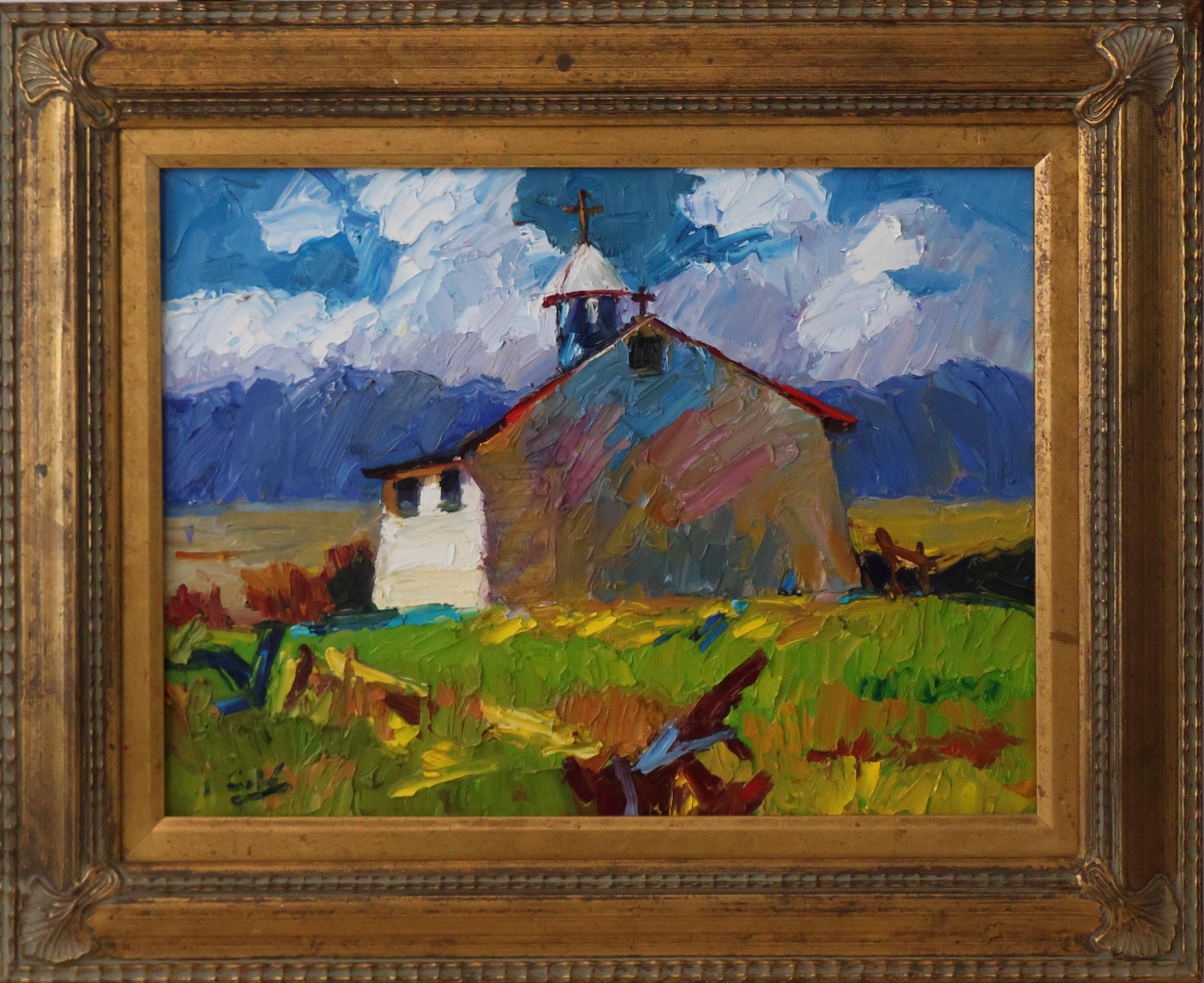 James Cobb's oil painting on canvas, 'New Mexico Mission', reflects on his time spent in the area as he has historically worked in both Norman, Oklahoma and New Mexico. His works are characterized by textured strokes of vivid color, and border
