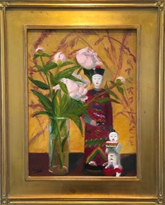 "Peonies and Chinese Figures" by James Cobb; Framed 16" x 11.875" Oil Painting