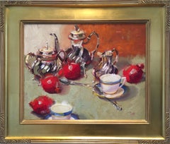 «Granadas y té», de James Cobb; cuadro al óleo sobre lienzo, enmarcado, de 16" x 20"